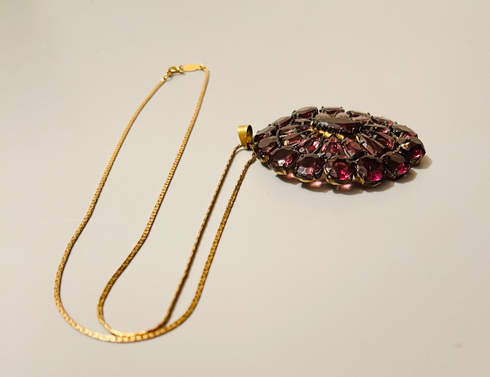Vintage Czechoslovakia Multiple Diamond Shape Amethyst Pendant Necklace & Chain