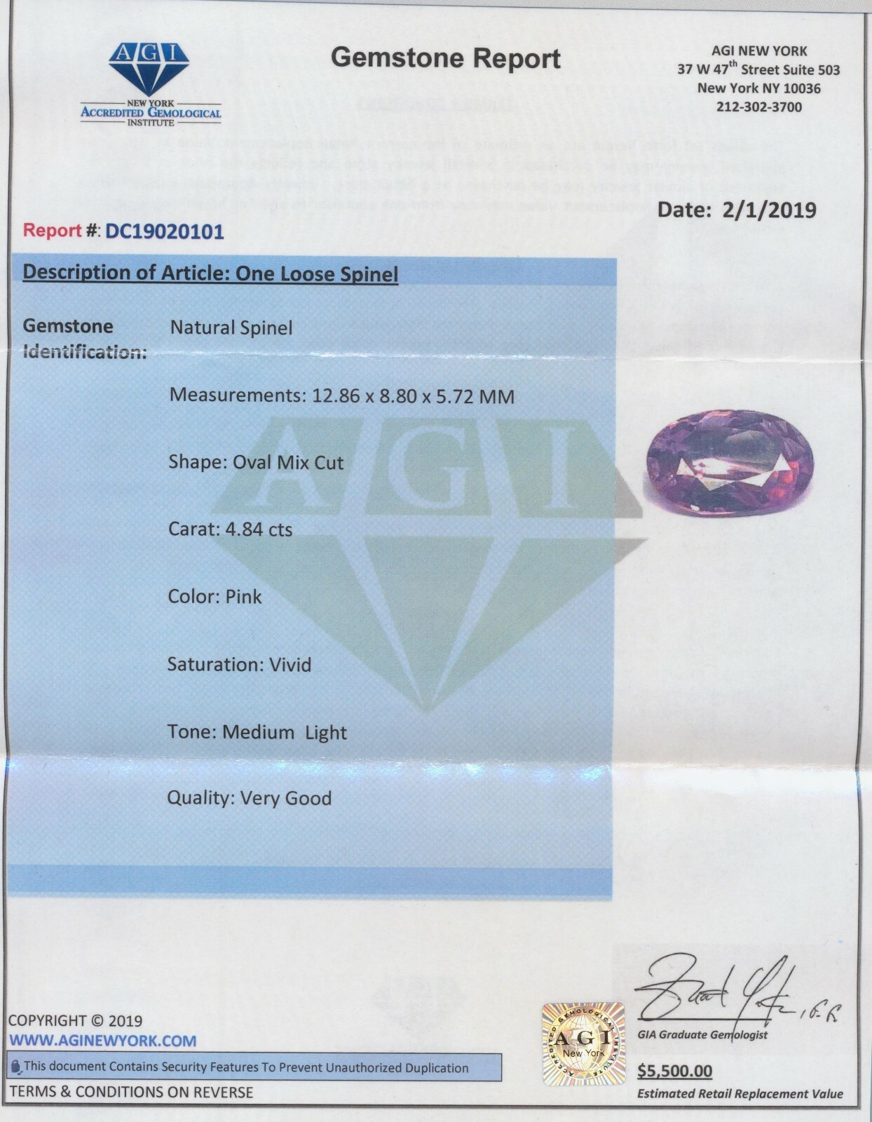 Vintage Large Natural Pink Spinel Diamond Ring 14K White Gold AGI Certificate