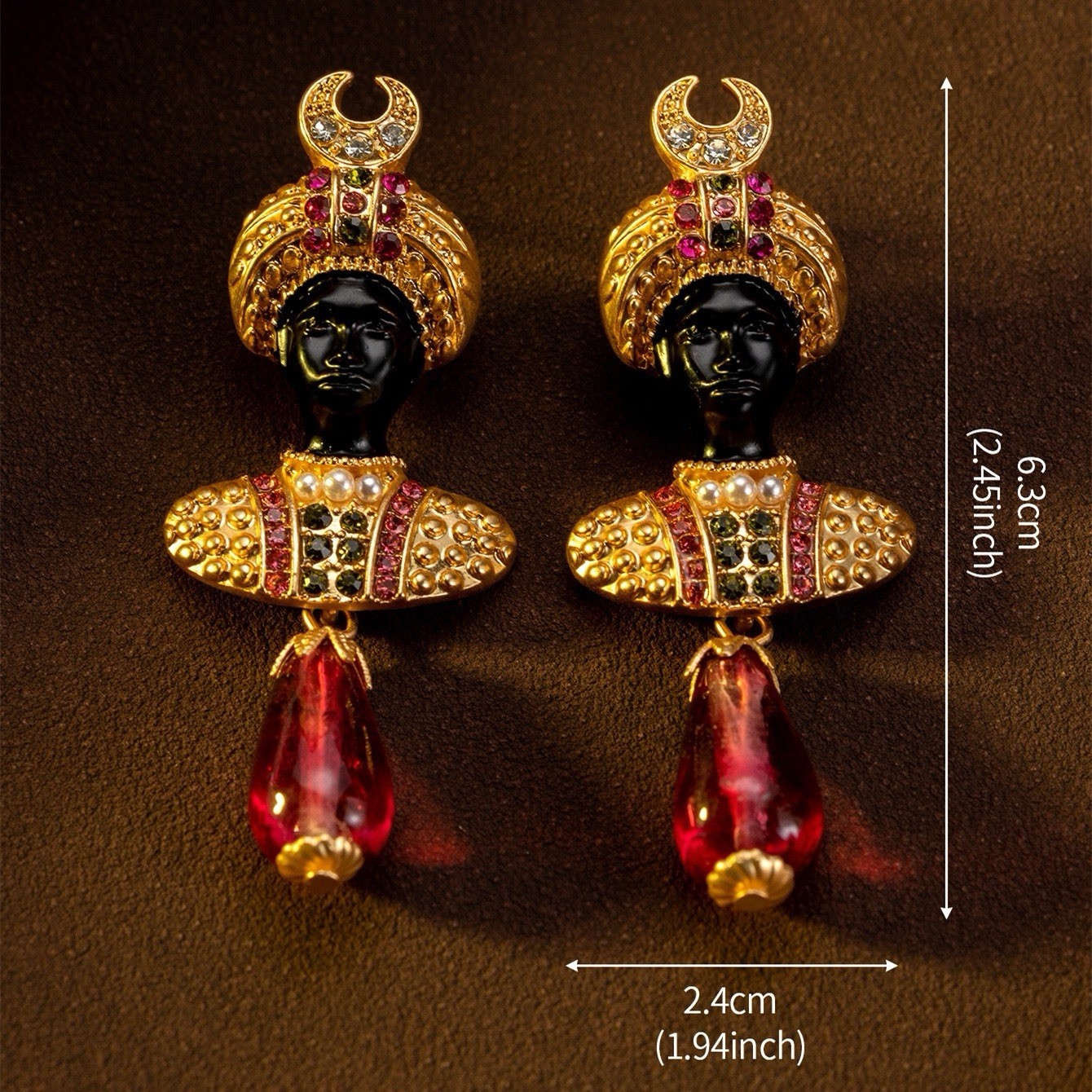 Vintage Figural Dangle Earrings Gold Tone Rhinestone Red Drop Statement