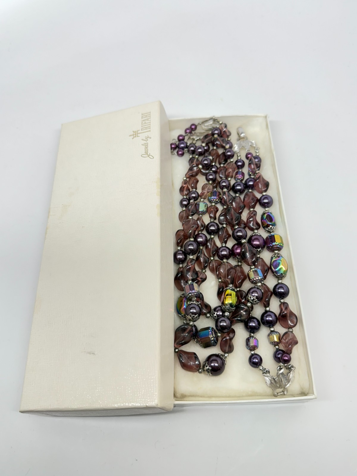 Vtg Crown Trifari purple Lucite AB Beads Demi Parure Set Silver W/ Box
