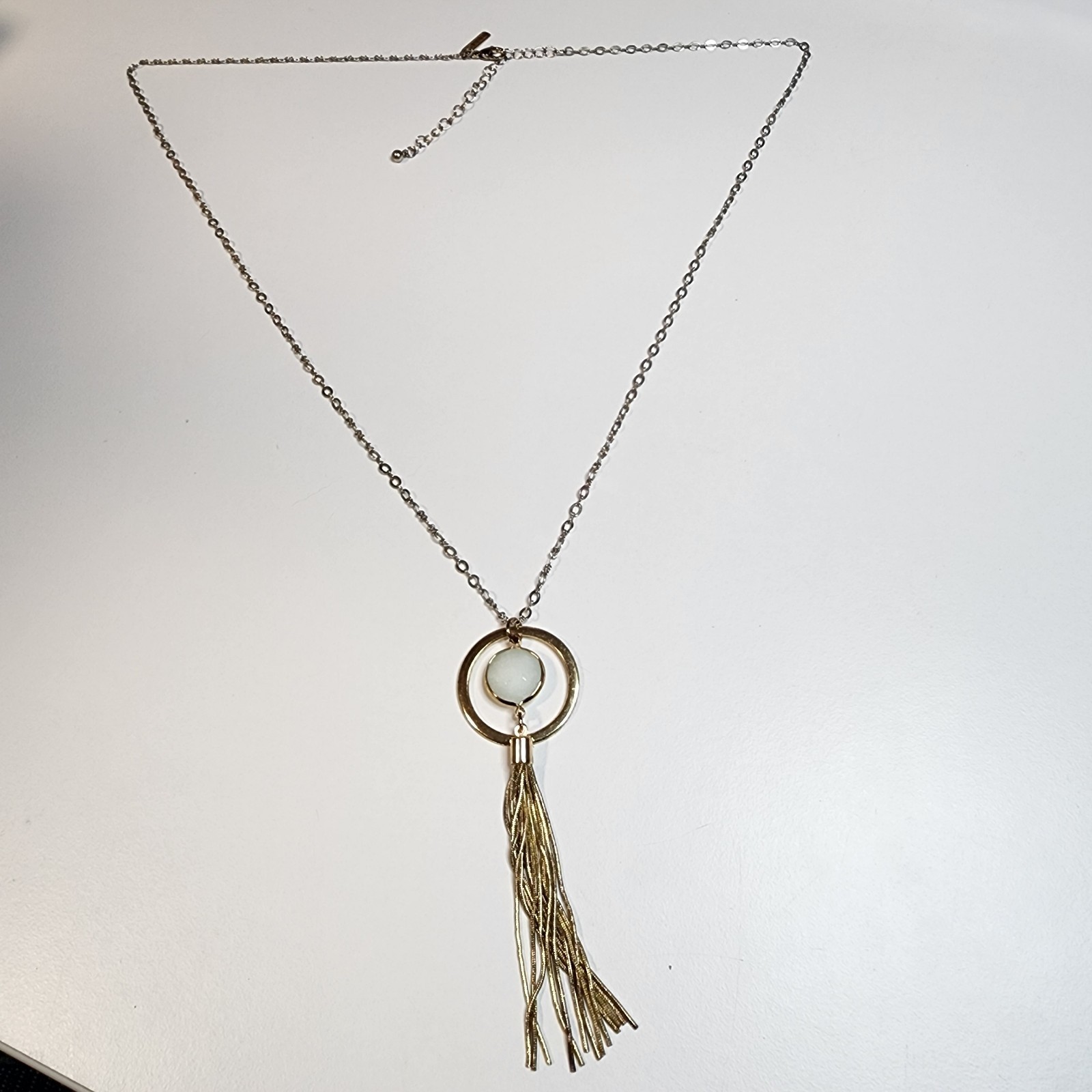 Lane Bryant Chain Tassel Necklace Vintage Gold Tone Signed Long 32″ White Stone