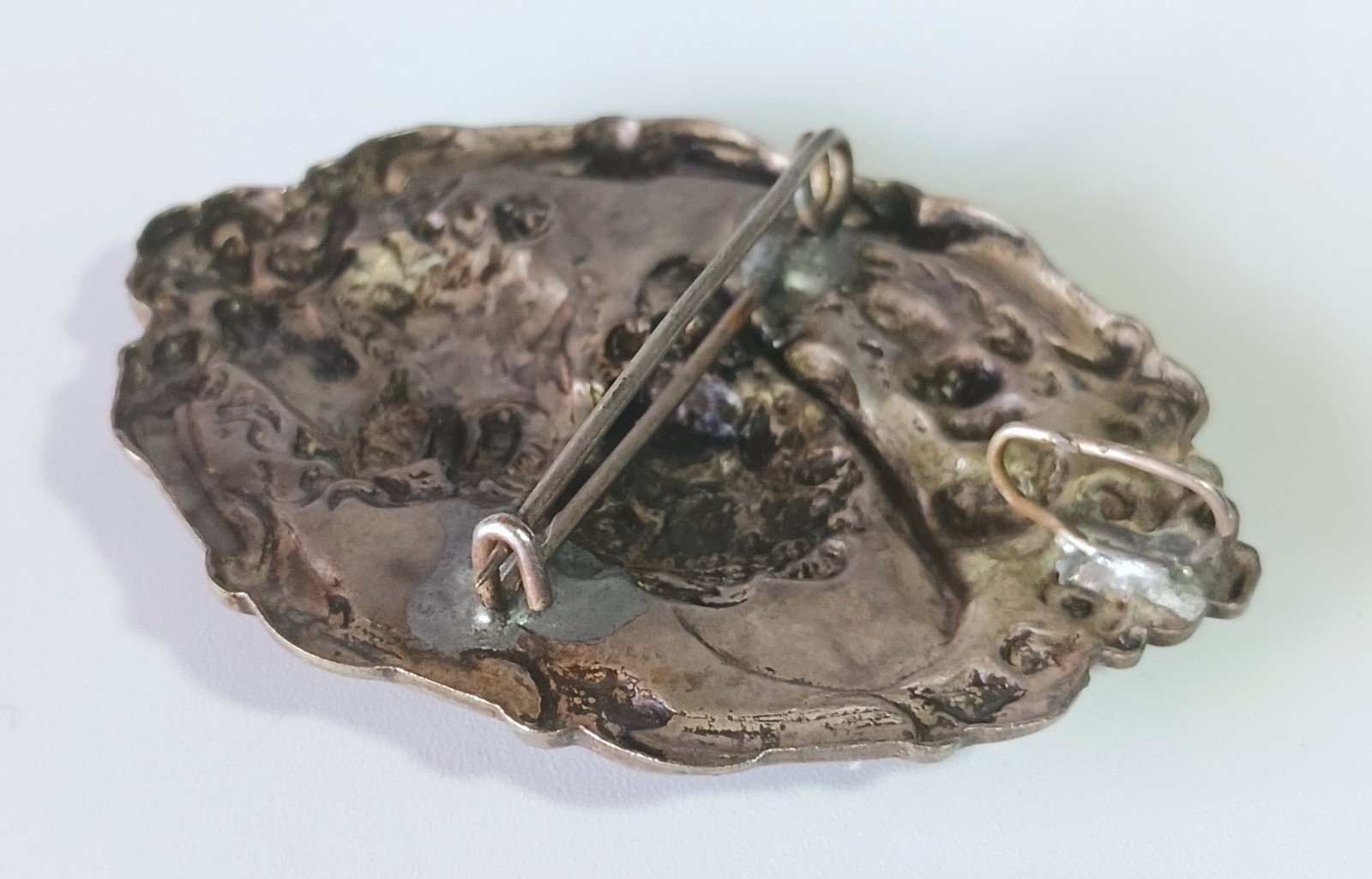 Antique Silver Art Nouveau Repousse Brooch Pendant: Fancy Lady in Large Hat