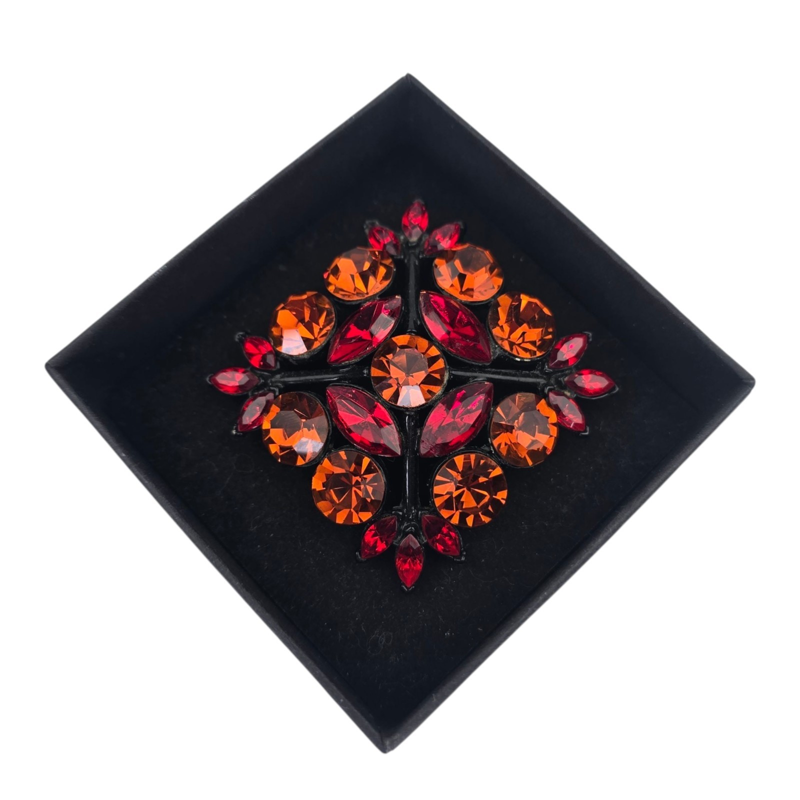 Vintage Midcentury Edlee Signed Red Orange Rhinestone Dome Brooch
