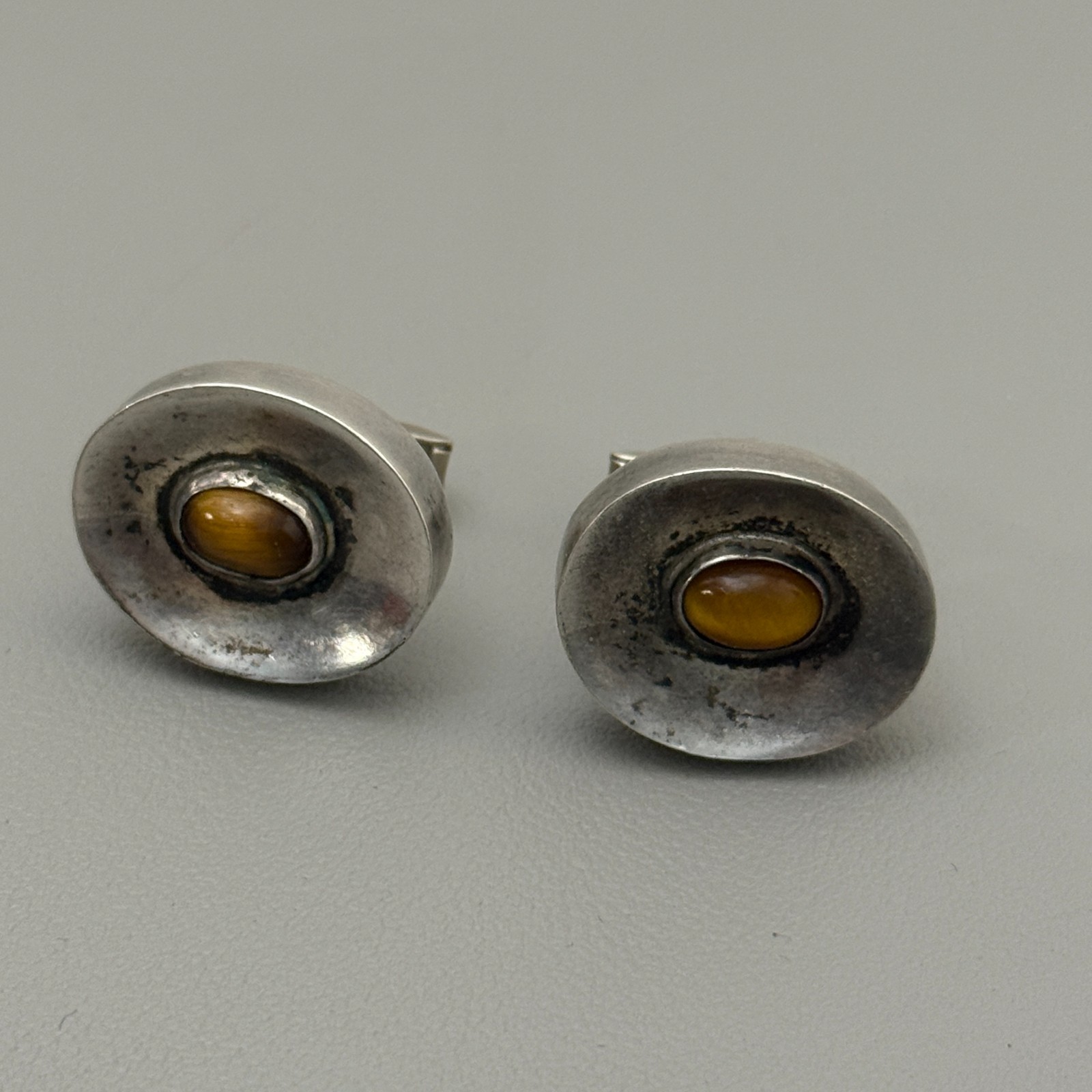 Sterling Silver Tiger Eye Cufflinks Vintage Taxco Mexico BR Men’s 12.4g
