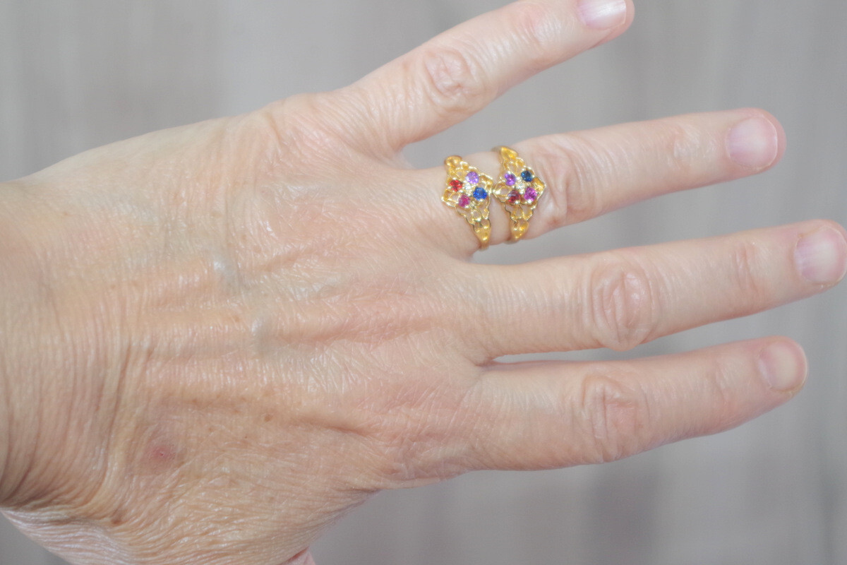 Vintage sapphire, Ruby, Amethyst, Smokey Topaz 14k GF Cocktail Four Stone Band R