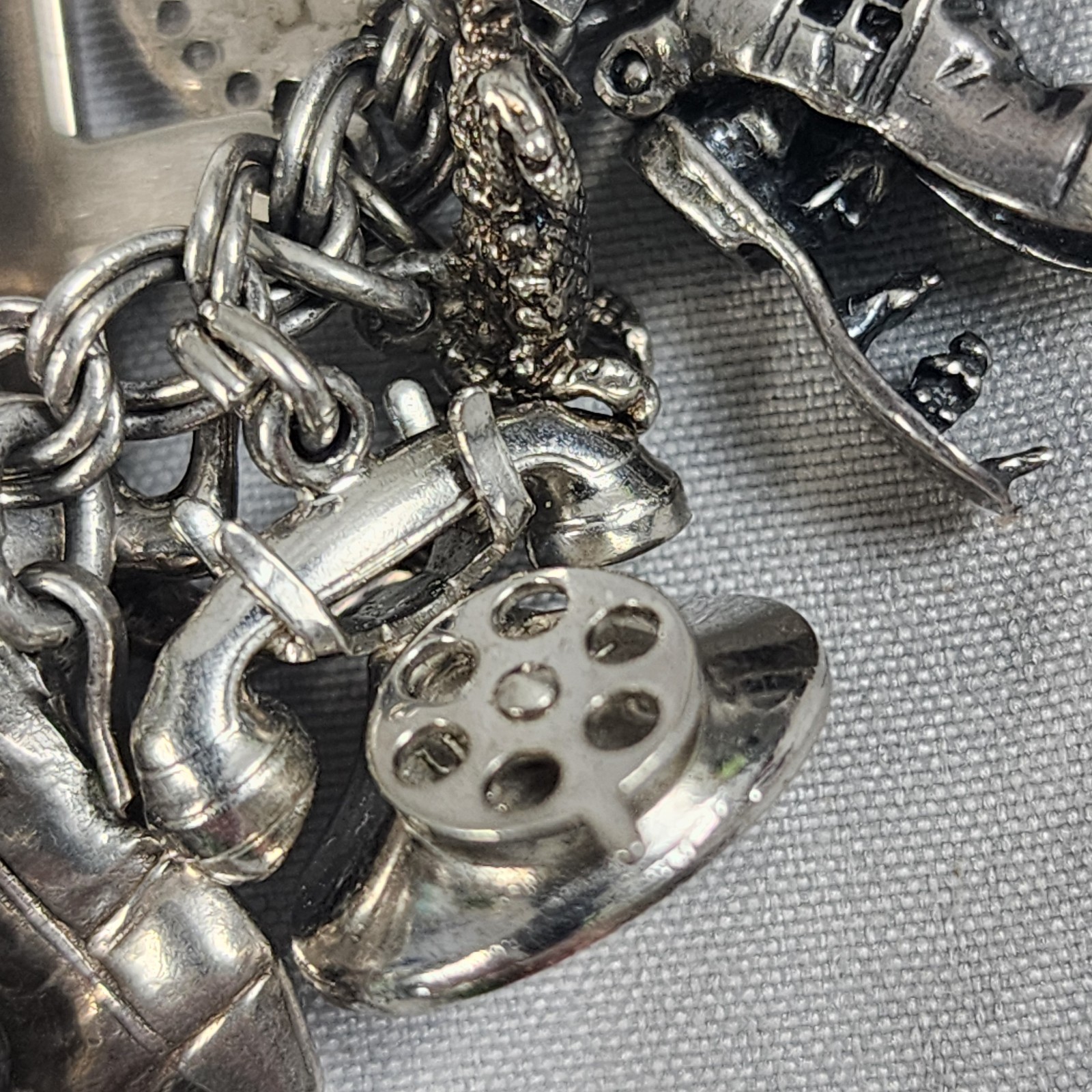VTG Charm Bracelet 50+ Charms Sterling + Mixed Metals Movable Parts Estate Sale