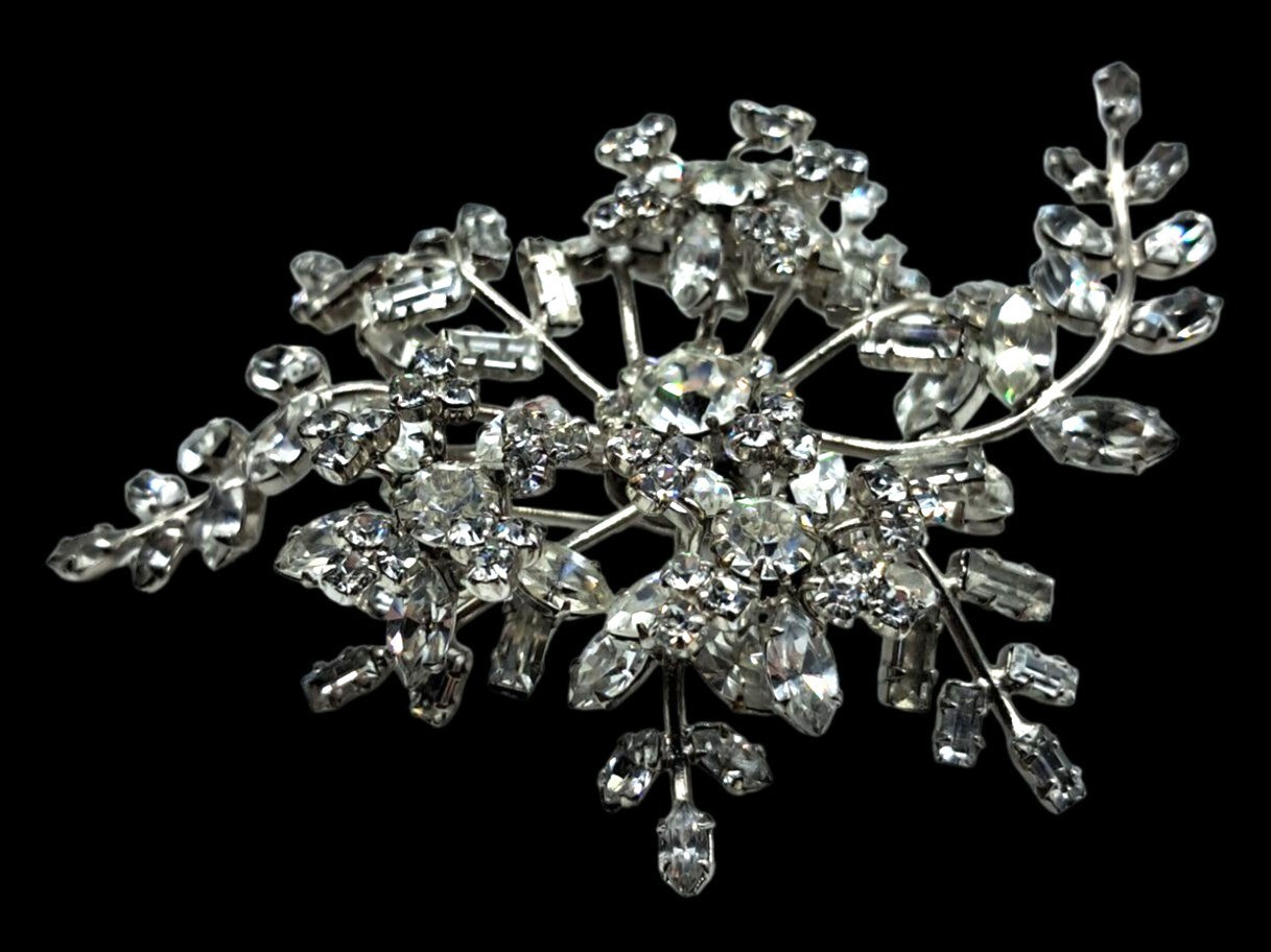 Vintage Rhinestone Floral Brooch Massive Pin Austria ? Costume Jewelry