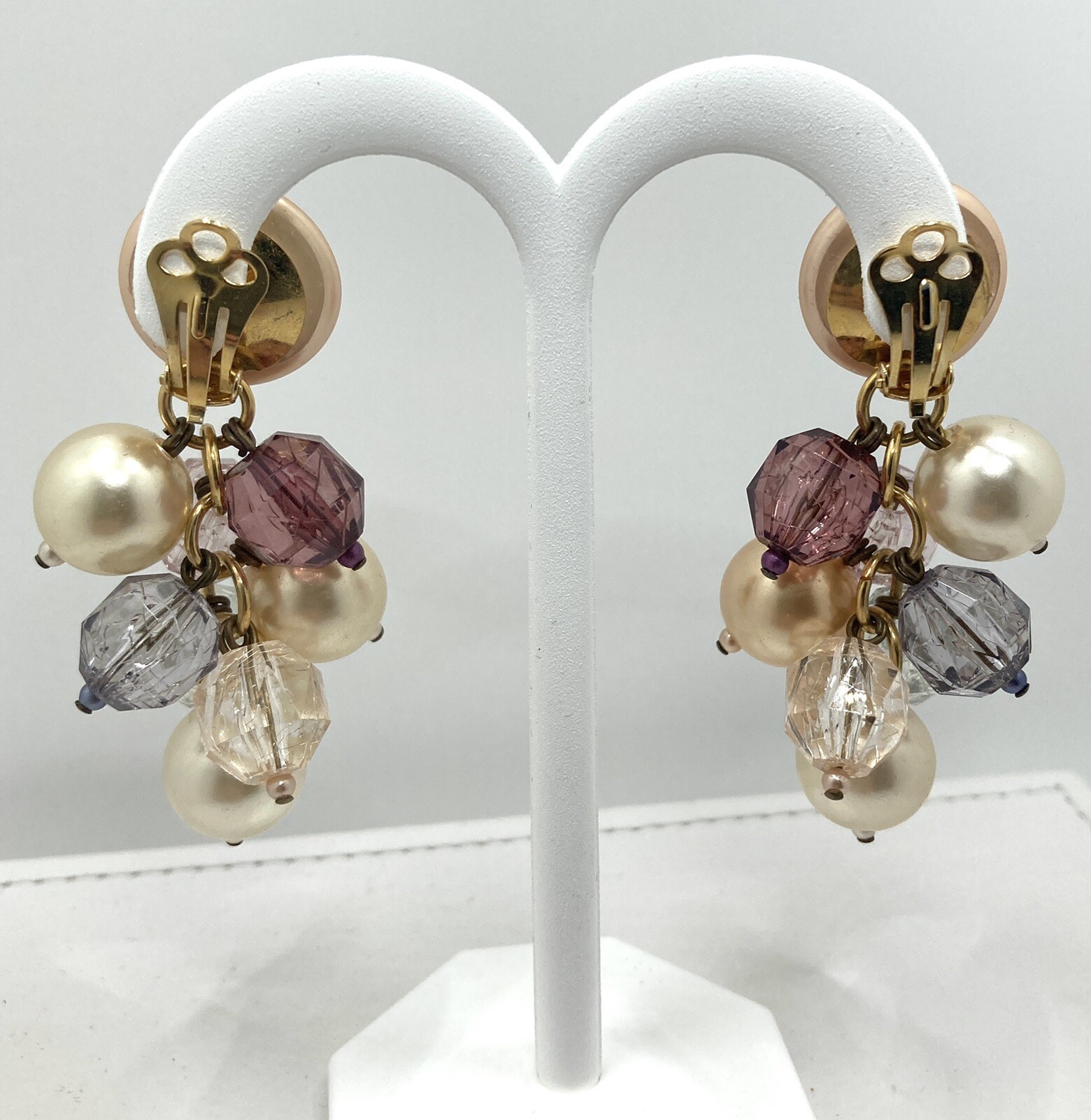 Vintage CHAMPAGNE FAUX PEARL LAVENDER Bead Cluster 3″ Dangle Earrings SNAZZY