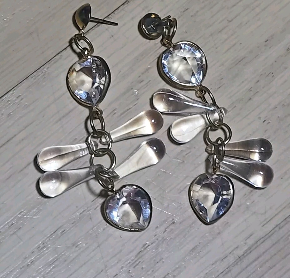 Vintage Gold Tone Clear Acrylic Lucite Dangle Heart Tear Drop Earrings Pierced