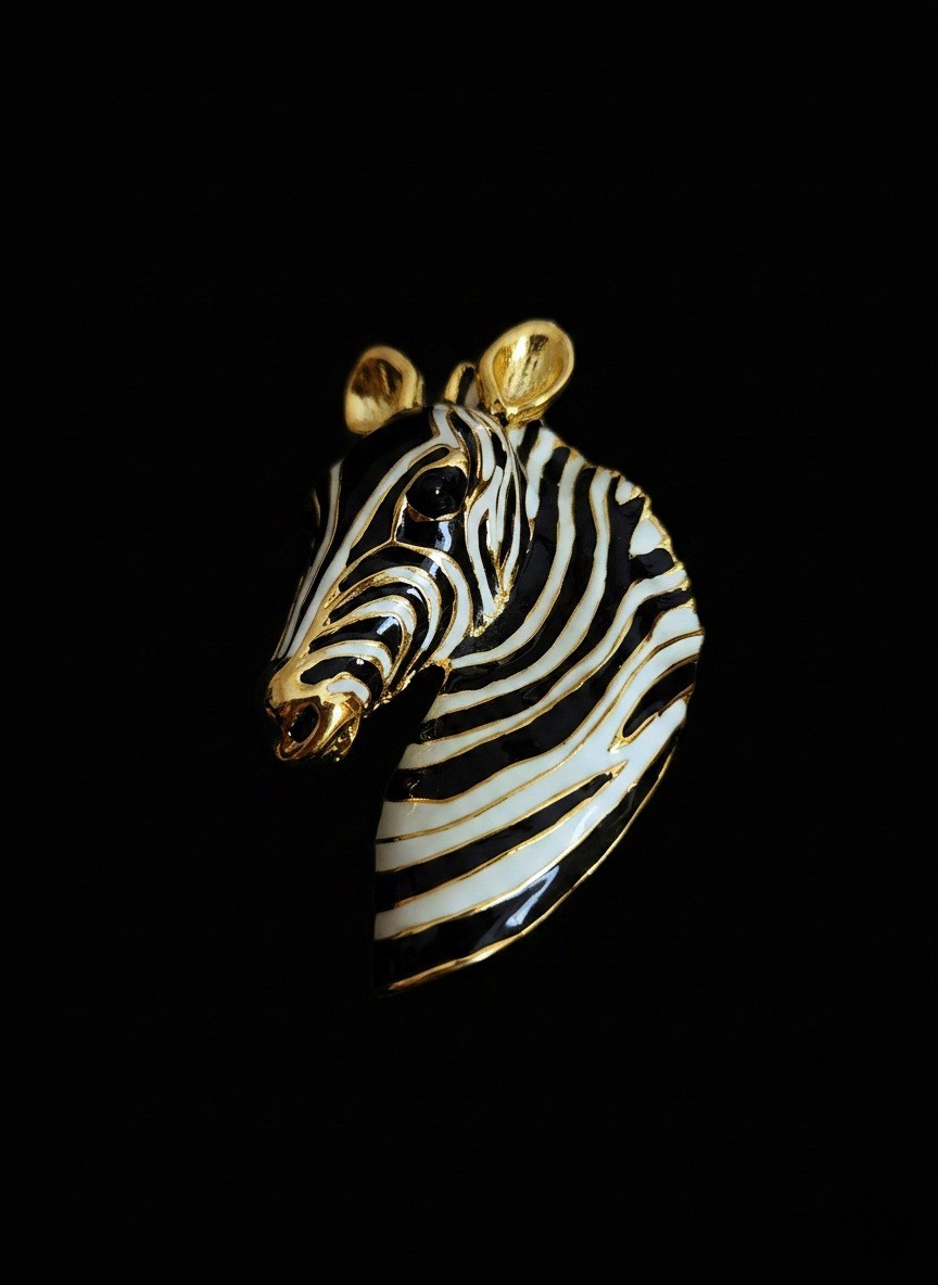LARGE Vintage Zebra Brooch Black and White Enamel & Gold Tone