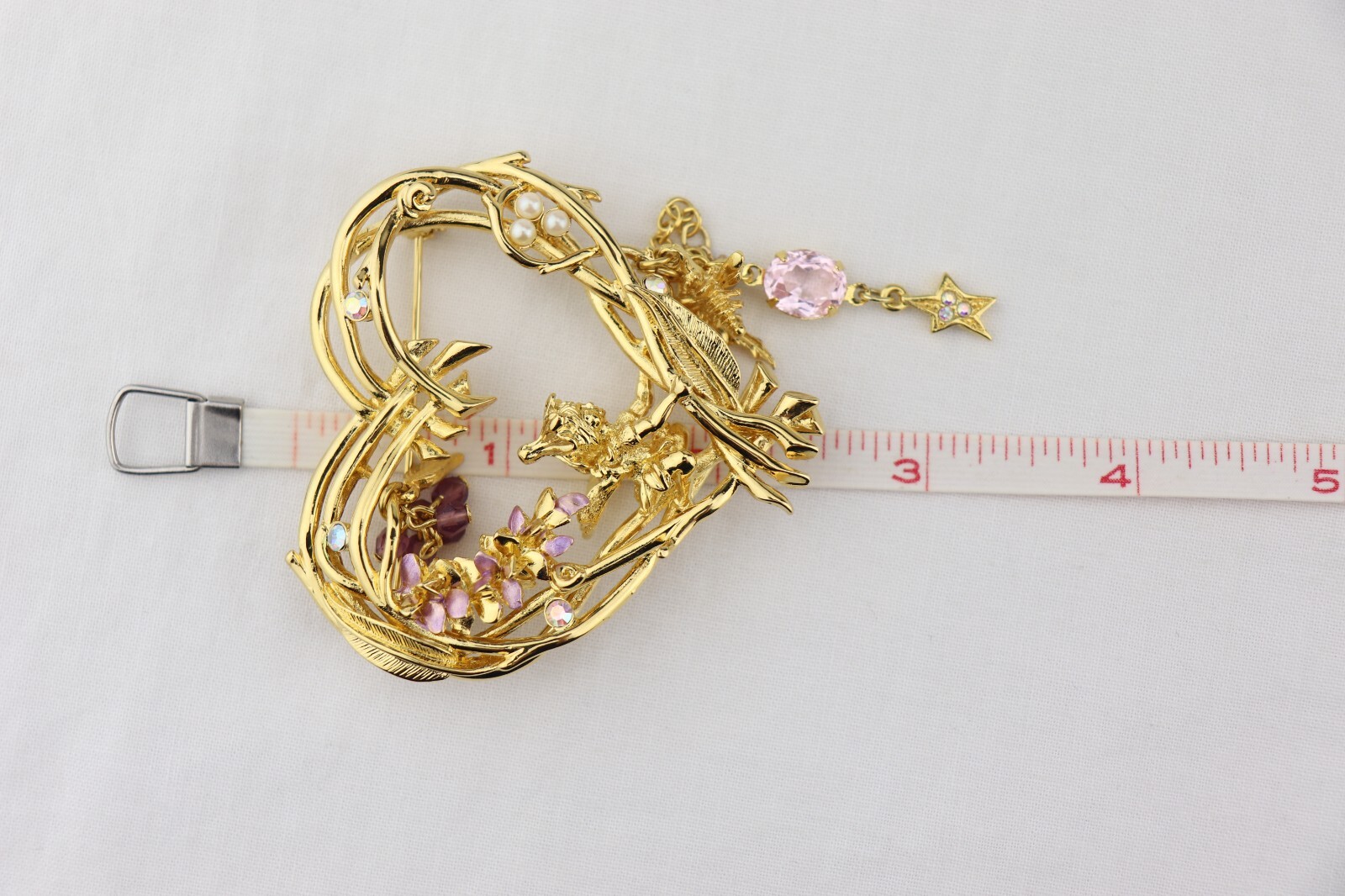 Vintage Kirks Folly Gold Tone Wisteria Heart Wood Fairy Rhinestone Pin Brooch