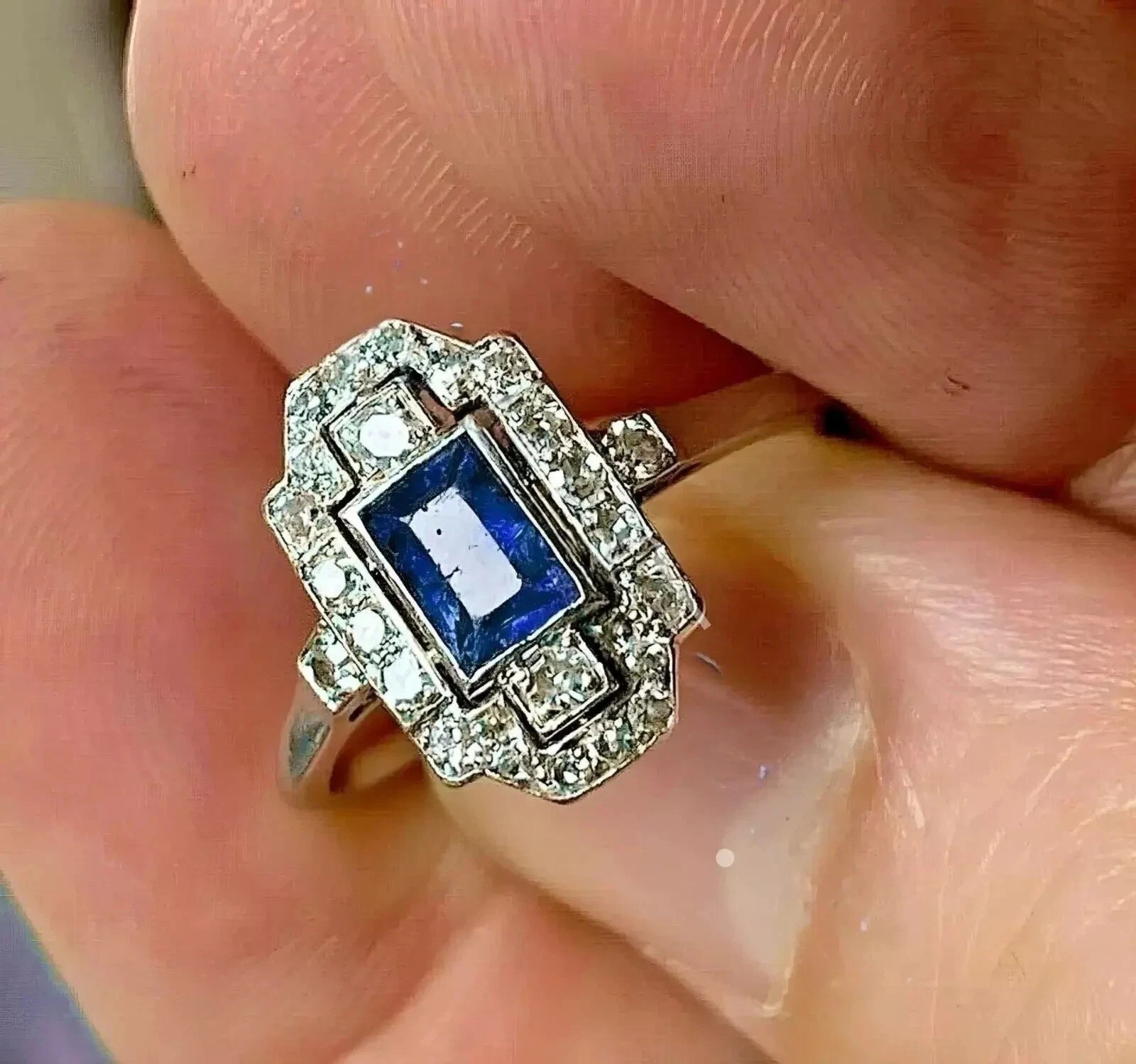 Art Deco 2.95Ct Lab Created Diamond & Sapphire Engagement 14K White Gold FN Ring