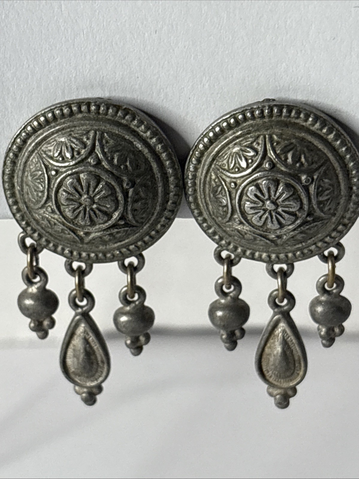 Ben Amun Signed Silver Tone Engraved Medallion Earrings W Three Teardrop Dangles