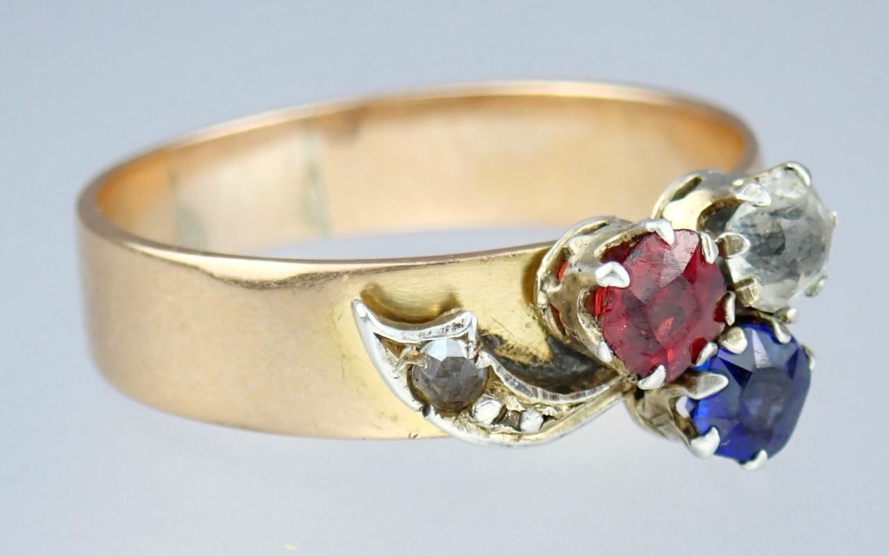Charming Antique Victorian 14K Rose Gold Red White Blue Paste Floral Ring Size 8