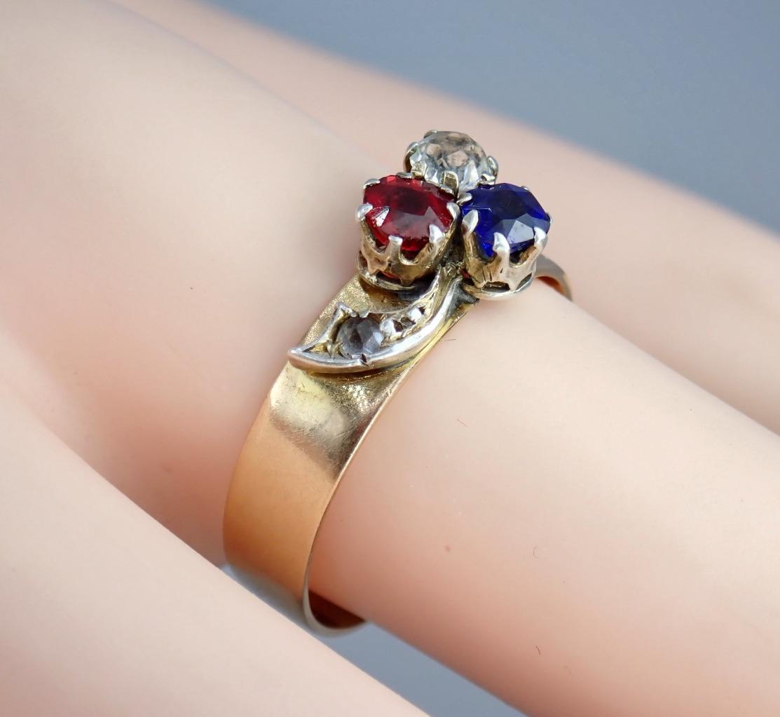 Charming Antique Victorian 14K Rose Gold Red White Blue Paste Floral Ring Size 8