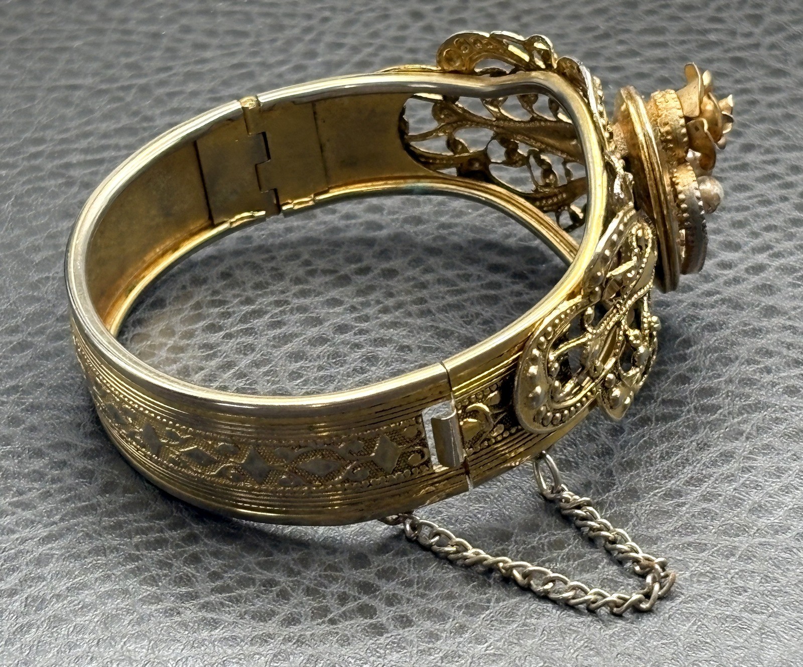 Vintage Gold Tone Filigree Bangle Bracelet Pearl Accents Rose Motif Hinged