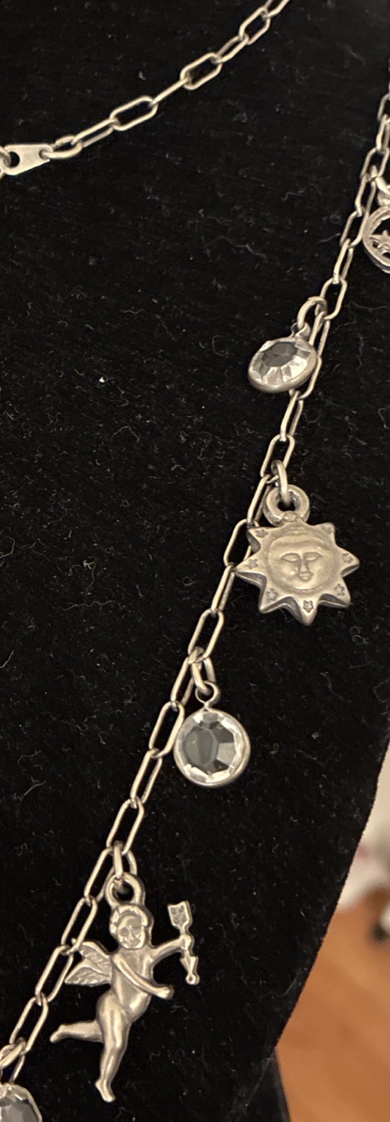 Vintage Silver 36” Celestial Necklace Sun Moon Stars Cupid Bevel Set Crystals