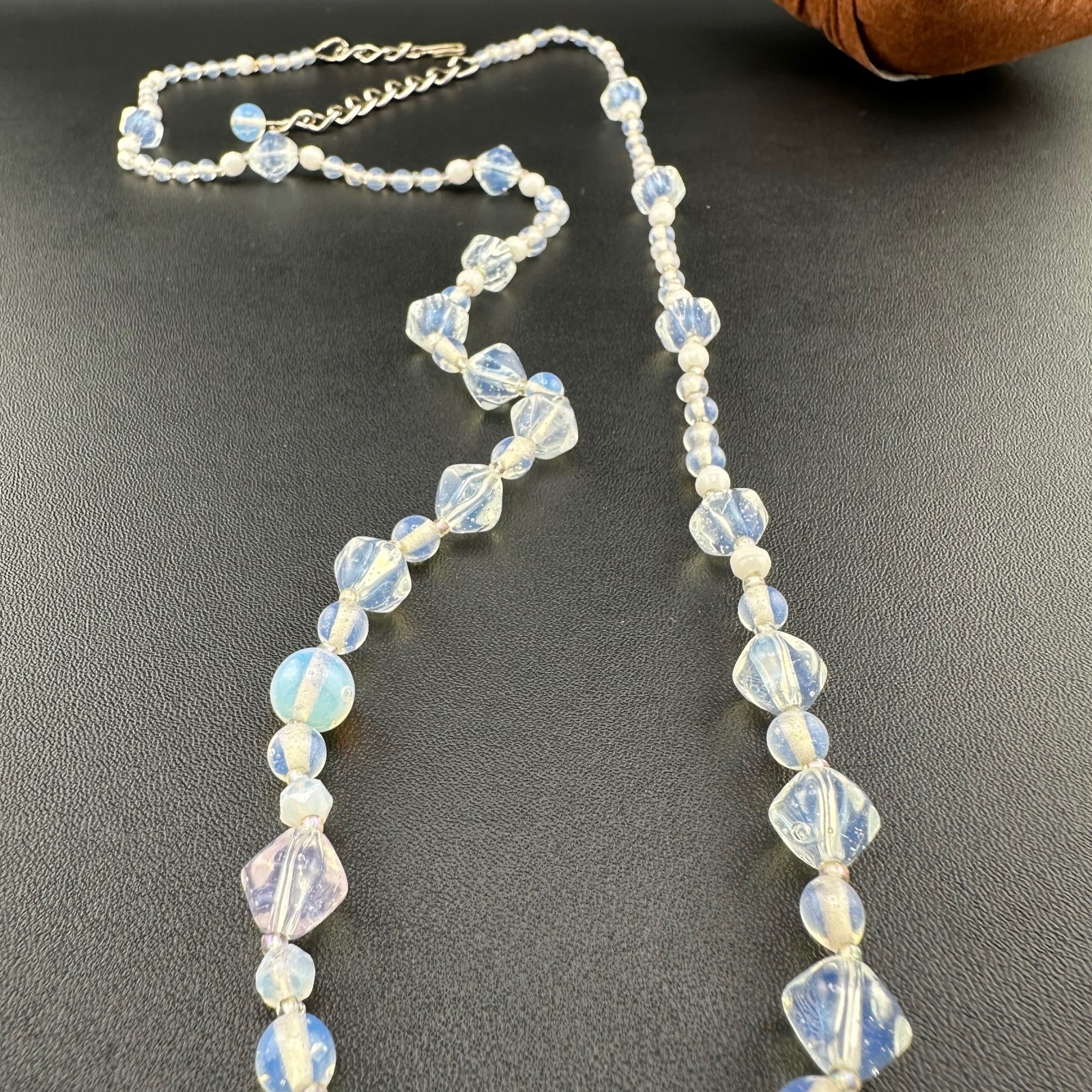 Vintage Opalite Glass Bead Necklace 31″ Faceted Round Hook Clasp Adjustable