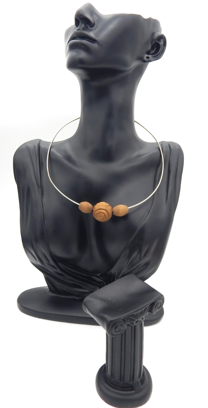 Vintage MCM Silver Toned Engraved Wood Beaded Choker Necklace