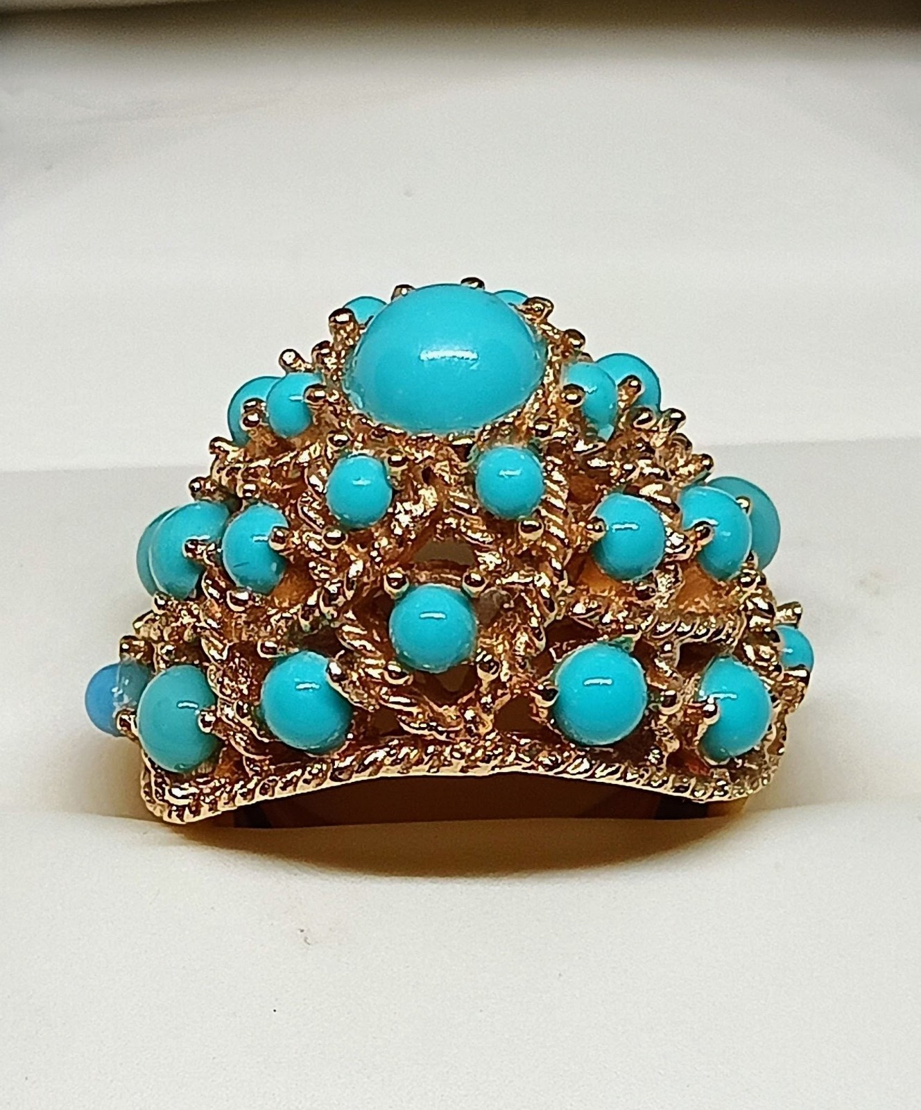Vintage Crown Trifari Gold Tone Turquoise Dome Adjustable Statement Ring