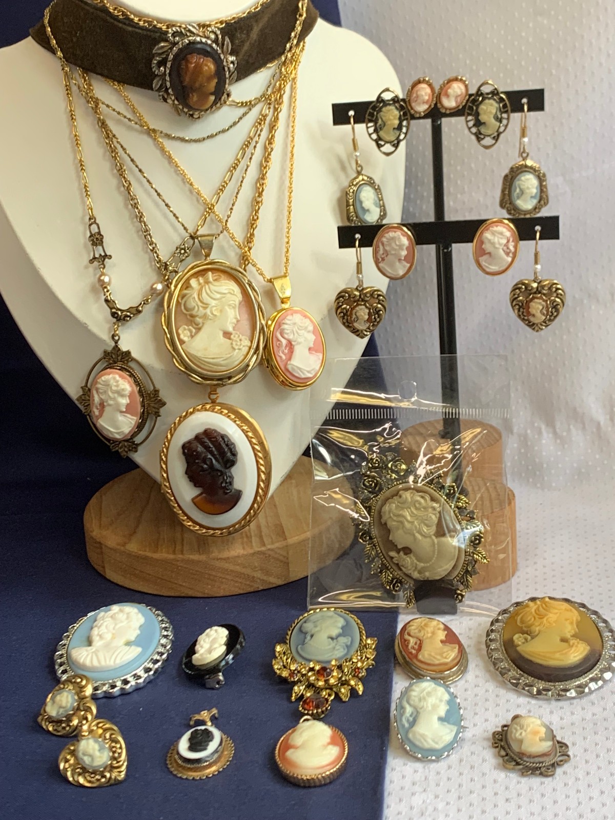 Vintage Cameo Jewelry Lot Lockets Choker Earrings Necklaces Brooches Pins