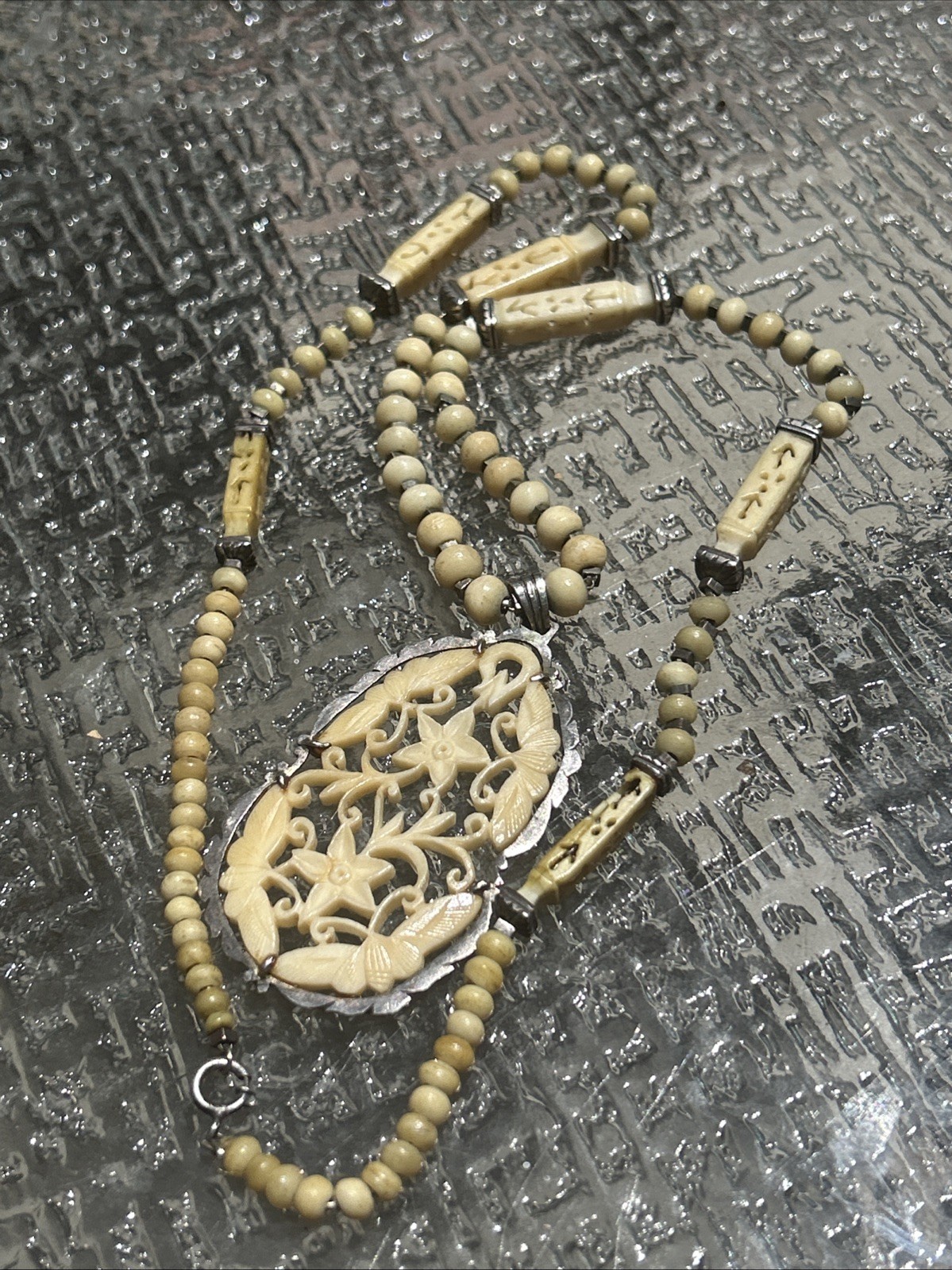 Vintage Hand Carved Bone Pendant Necklace Art Deco Style Bovine Bone Jewelry