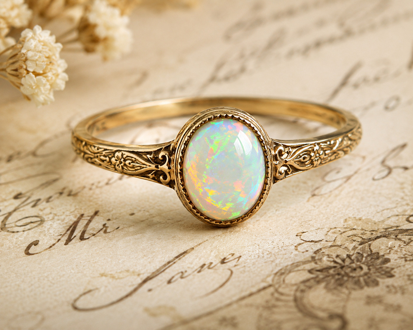 ✨ Vintage Engraved Opal Ring • Elegant Thin Band • Handmade Look