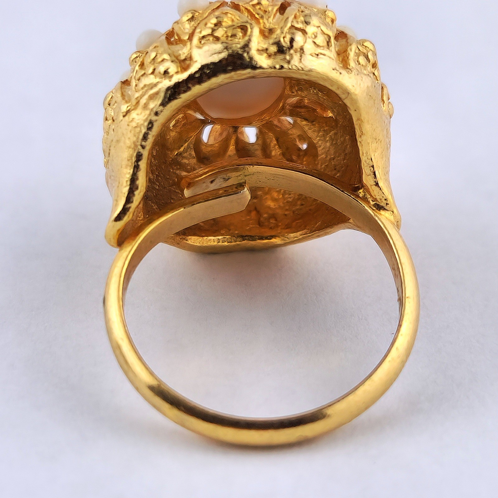 Vintage Gold Tone White Cabochon Adjustable Statement Cocktail Ring