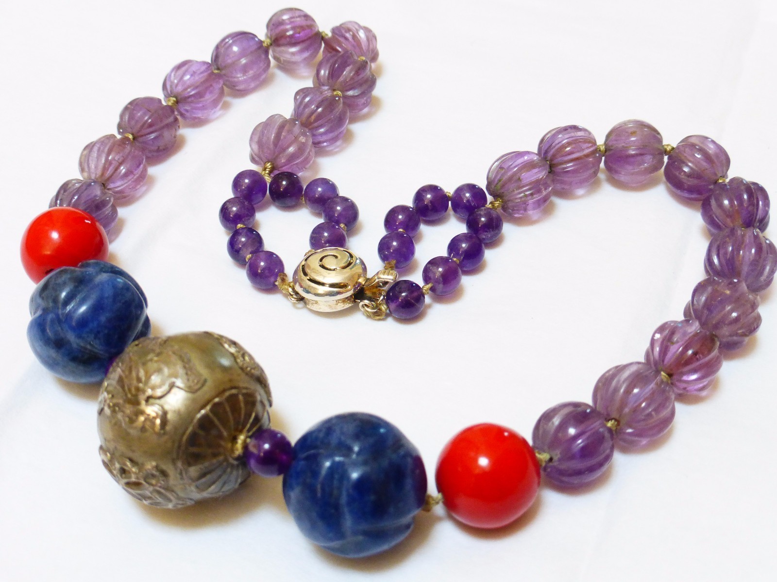 Vintage Carved Amethyst, Lapis, Laquer Beads Necklace, Sterling Bead, Clasp