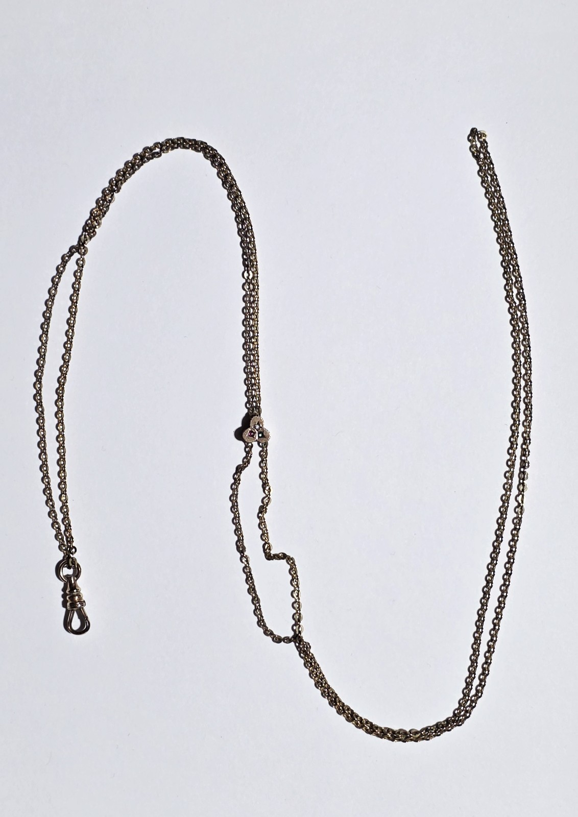 23″ Long Antique Gold Filled Colorful Rhinestone Clover Slide Pocket Watch Chain