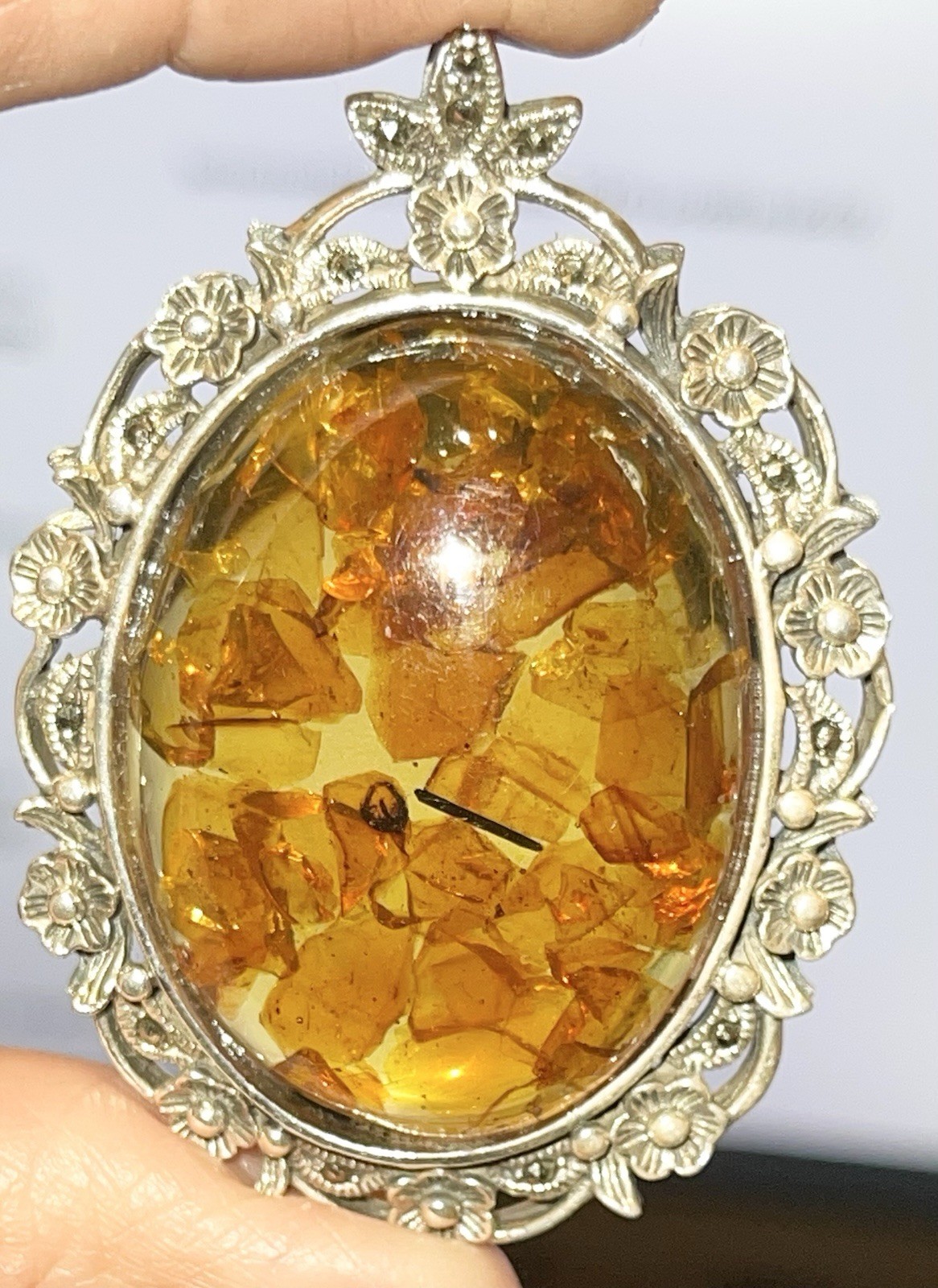 Sterling Silver w/Marcasites Amber Brooch Pendant 22.2 Grams☚☚☚👀