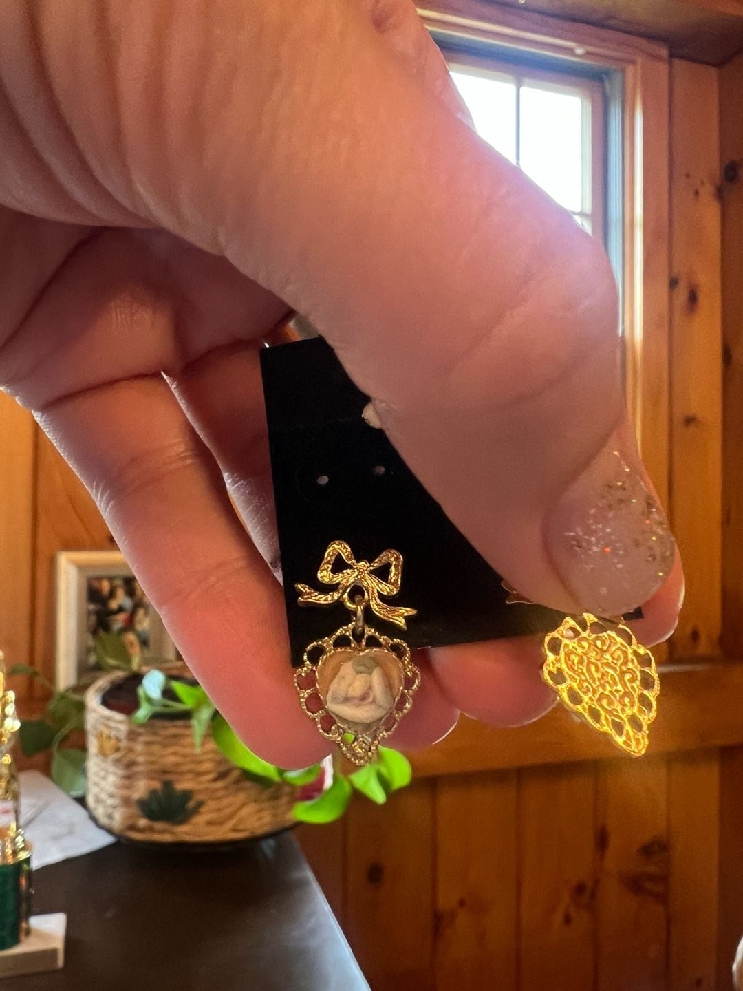 Vintage Gold-Tone Bow and Heart Drop Earrings with Floral Cameo Detail