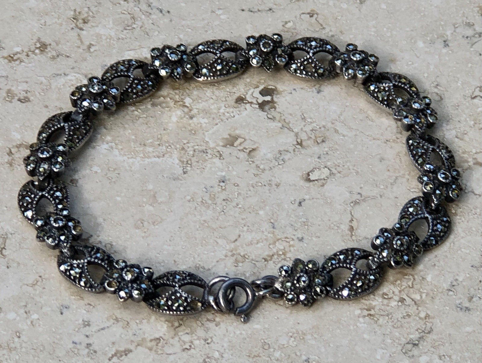 ✨VINTAGE Sterling Silver MARCASITE Floral 🌺Tennis Bracelet 🌟ESTATE Jewelry🌟