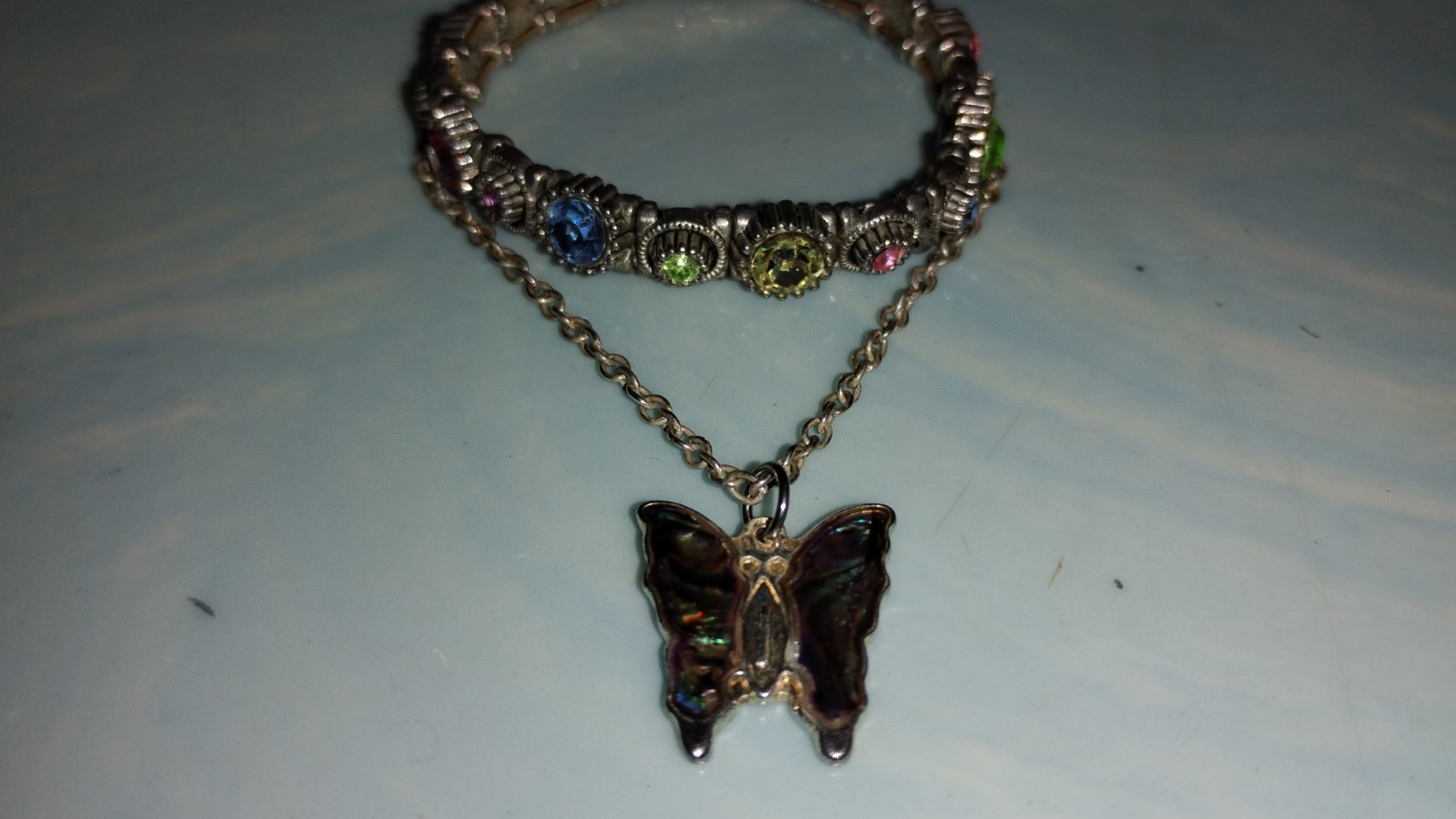 Vintage Butterfly Charm Necklace Korea & Antique Silver Rhinestone Bracelet Set