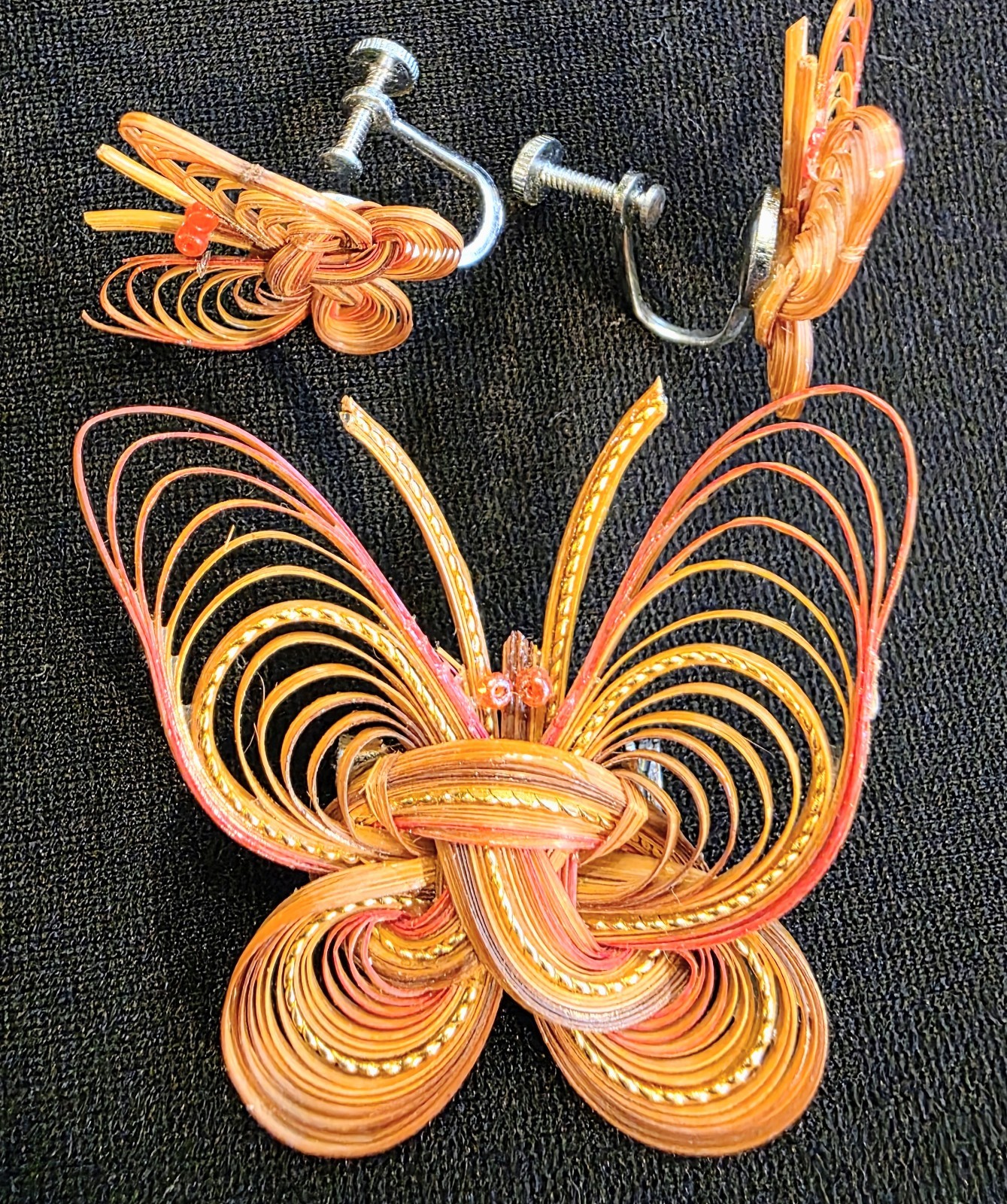 Vintage Quilled Butterfly Brooch with Matching Earrings Orange Red Gold Colors