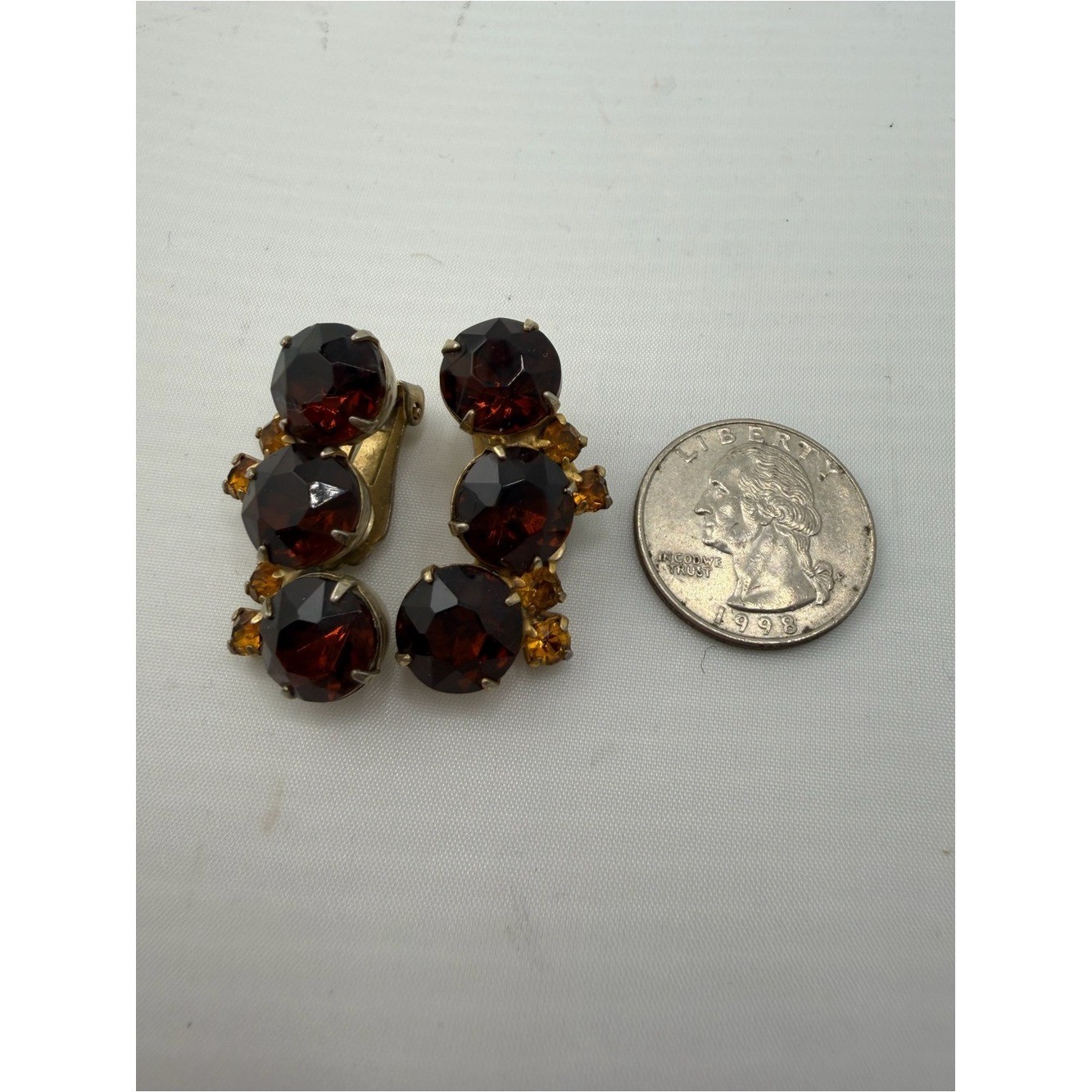 Vintage Amber Topaz Rhinestone Teardrop Cluster Clip On Earrings