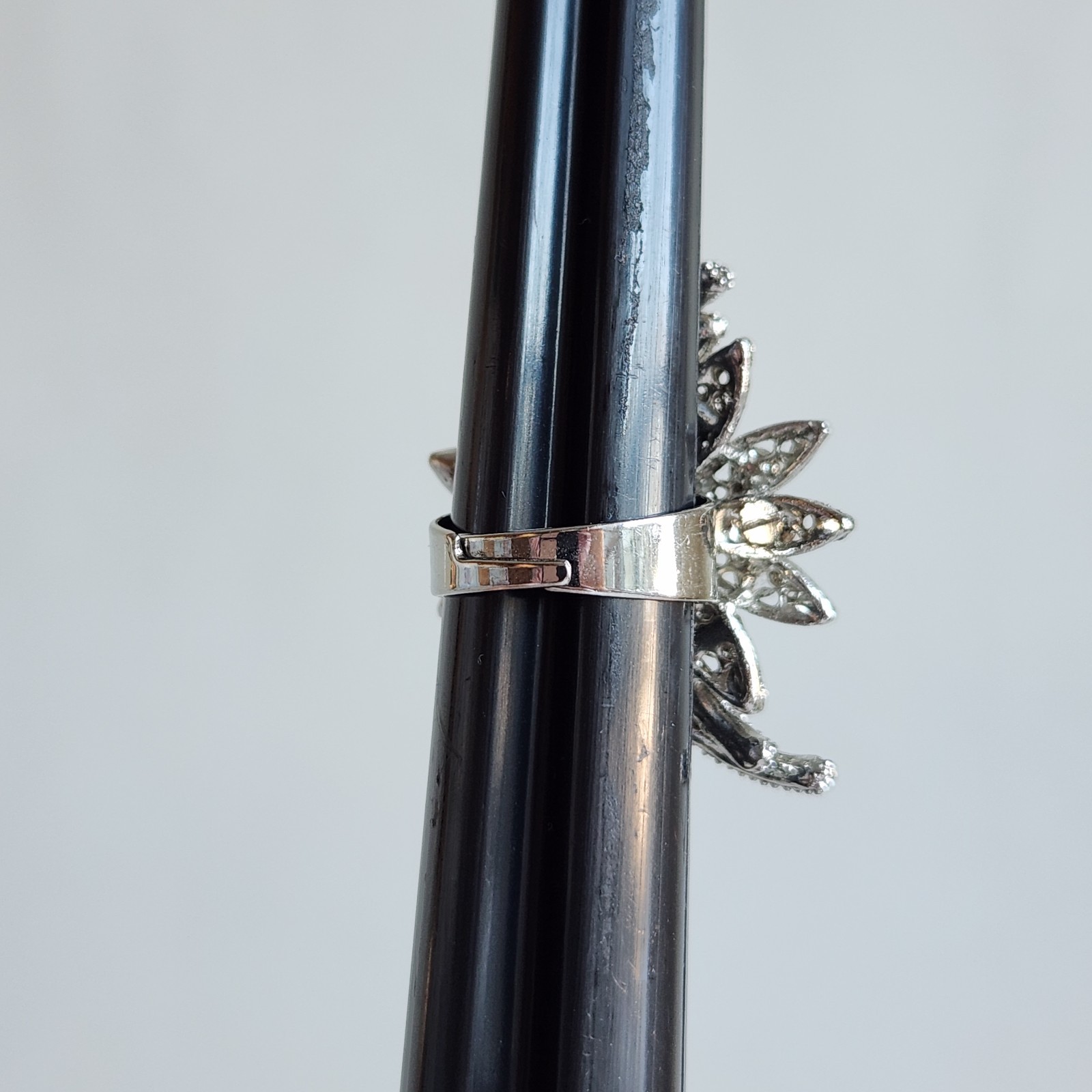 Adjustable Silver Tone Floral Rhinestone Statement Ring Smoky Crystal