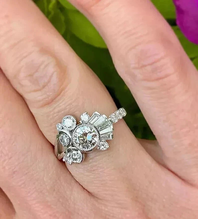 Art Deco Style Lab Created Diamond Wedding & Engagement 14K White Gold FN Ring