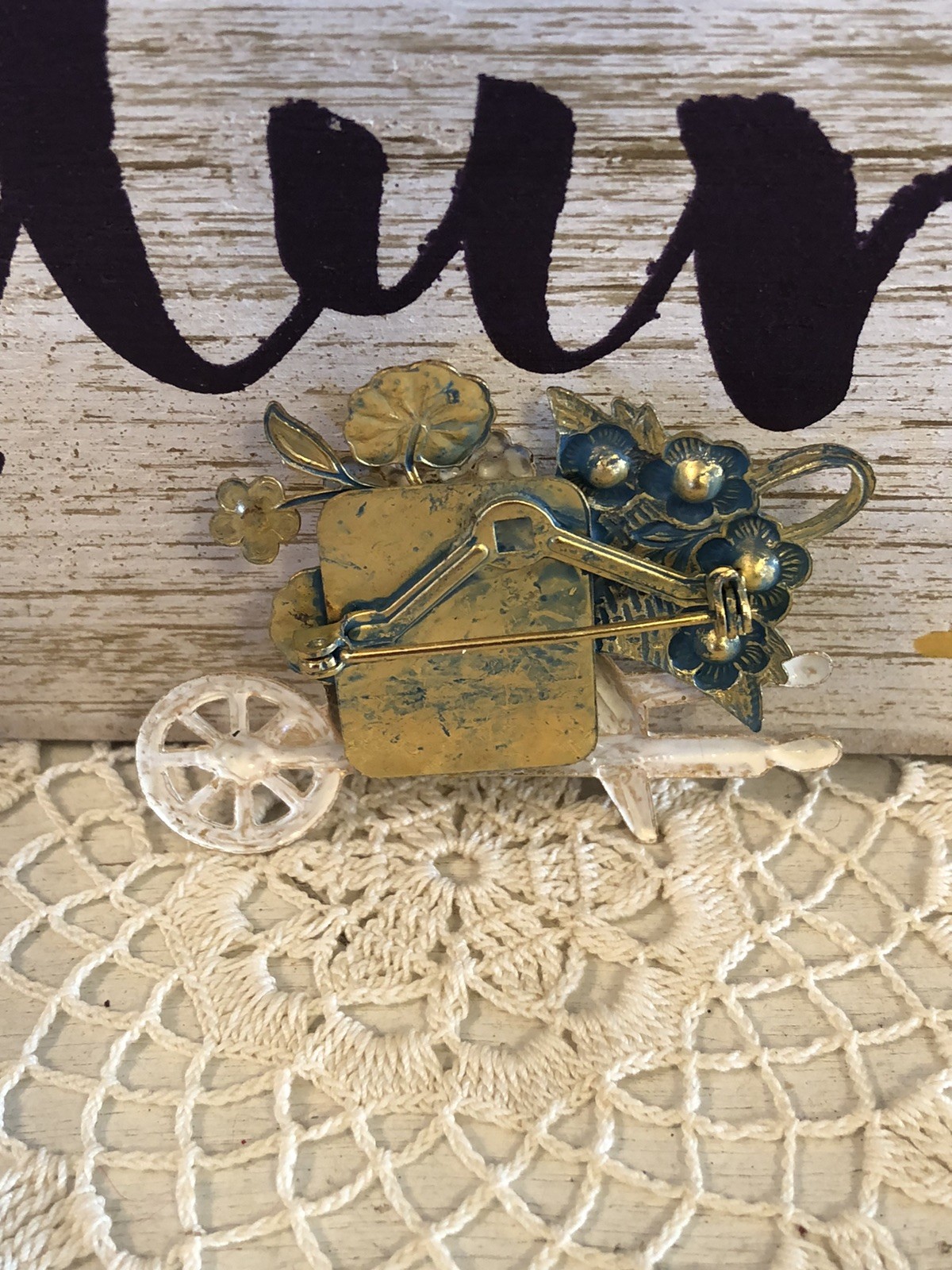 Two Vintage Brooches Flower Wheelbarrow & Iridescent White Cat Beautiful Pins