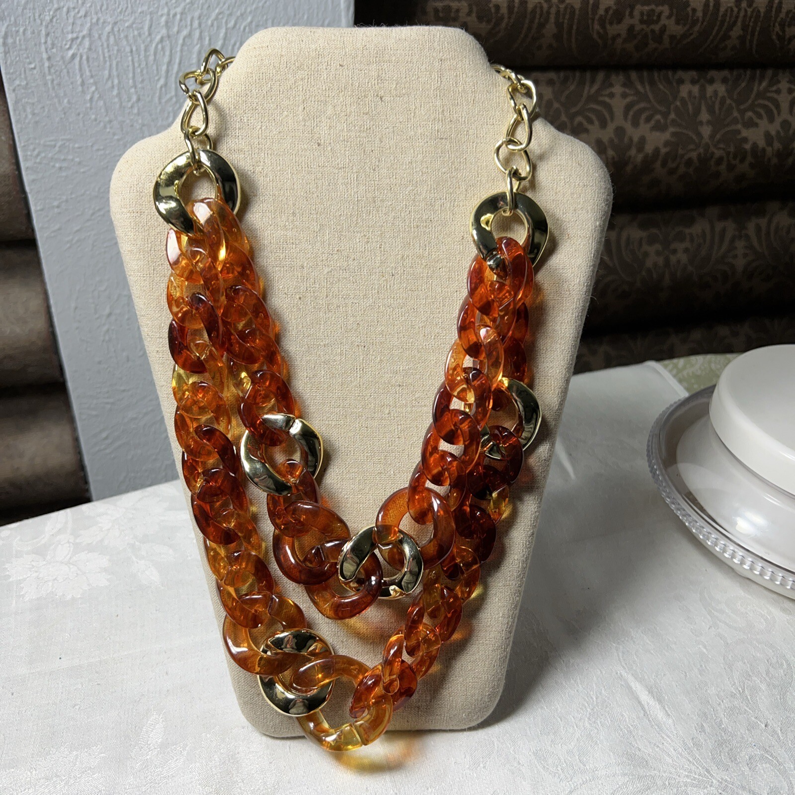 Large Link Amber Acrylic/lucite Two Tier Necklace With Gold Tone Spacer Links