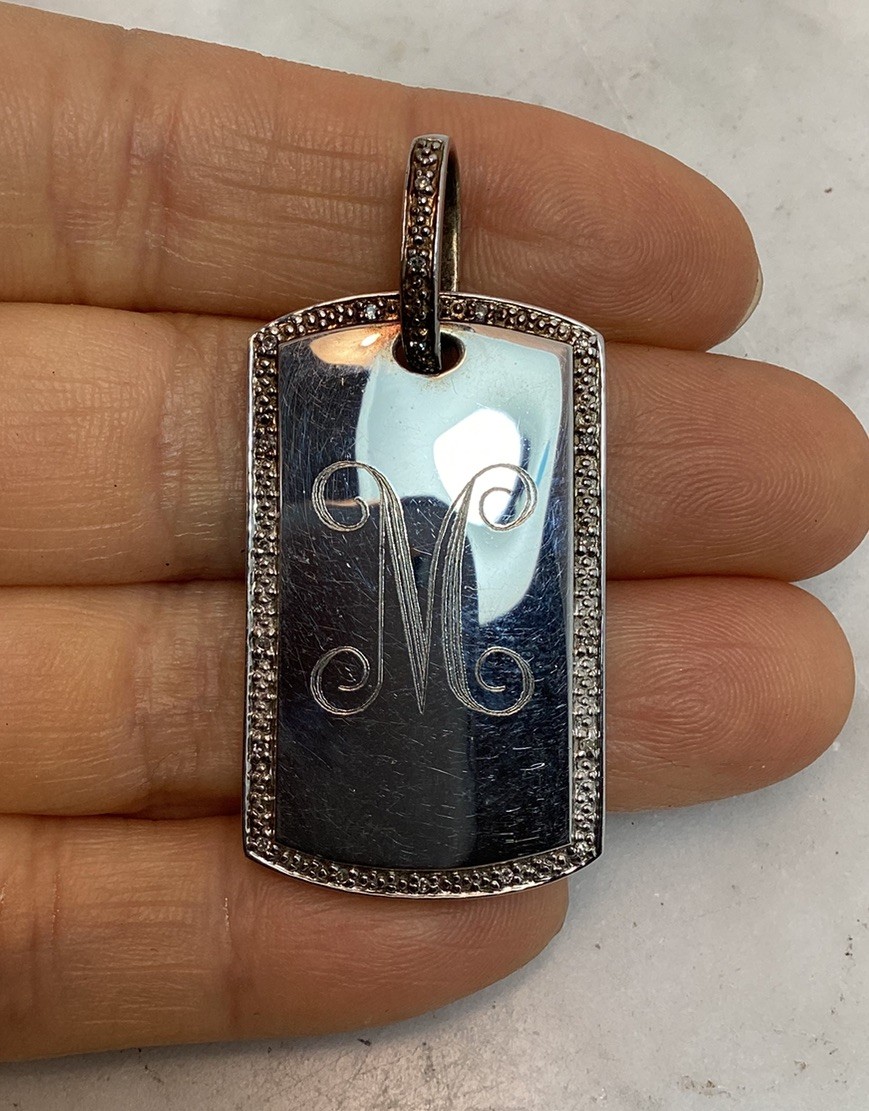 Vintage 925 Sterling Silver CZ Initial M Dog Tag Pendant