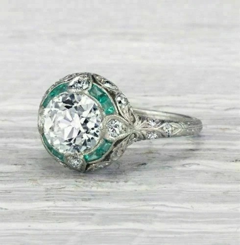 Art Deco Round Lab Created Diamond & Emerald Wedding 14Ct White Gold Finish Ring