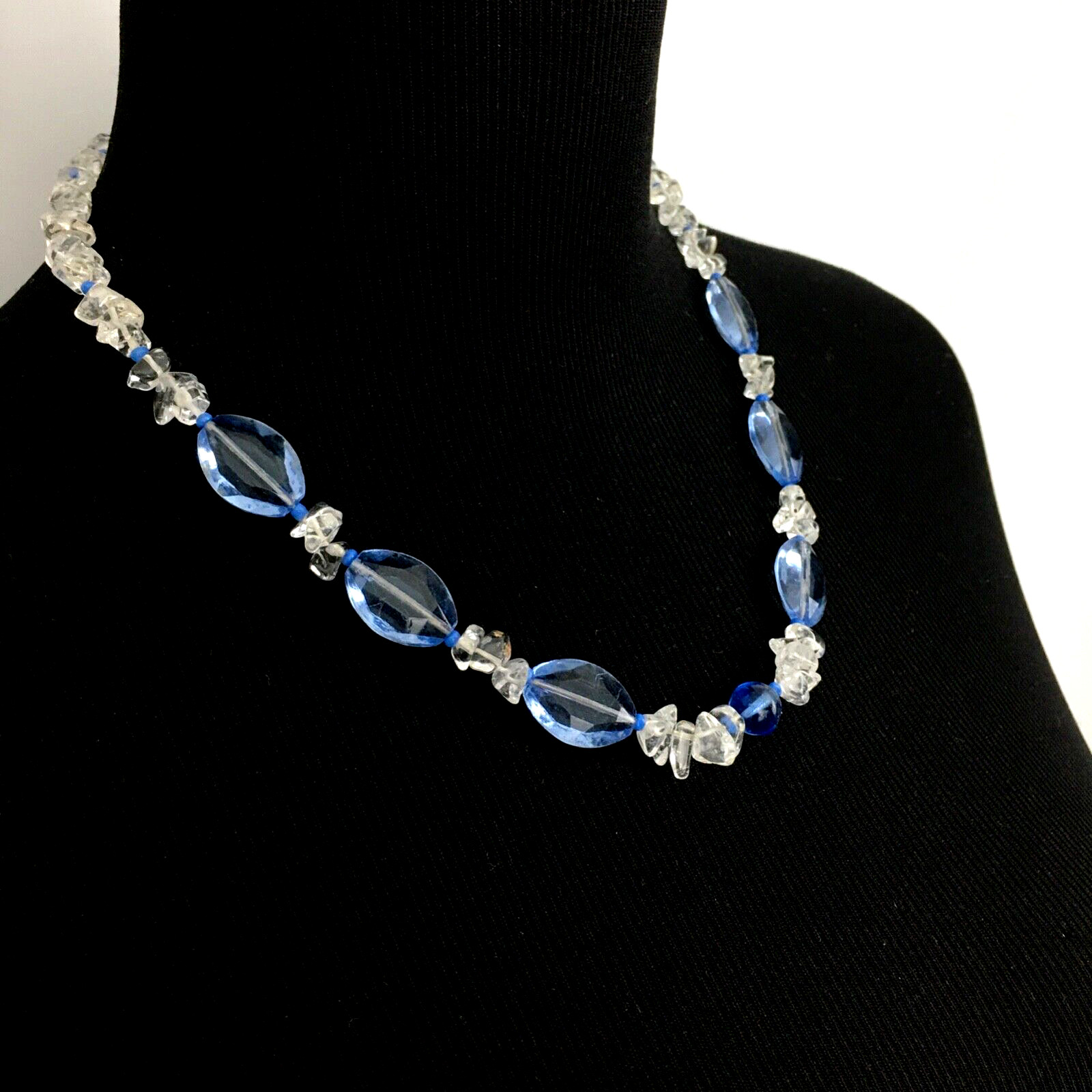 QUARTZ jewelry set – necklace & earrings -clear stone chips & blue glass beads