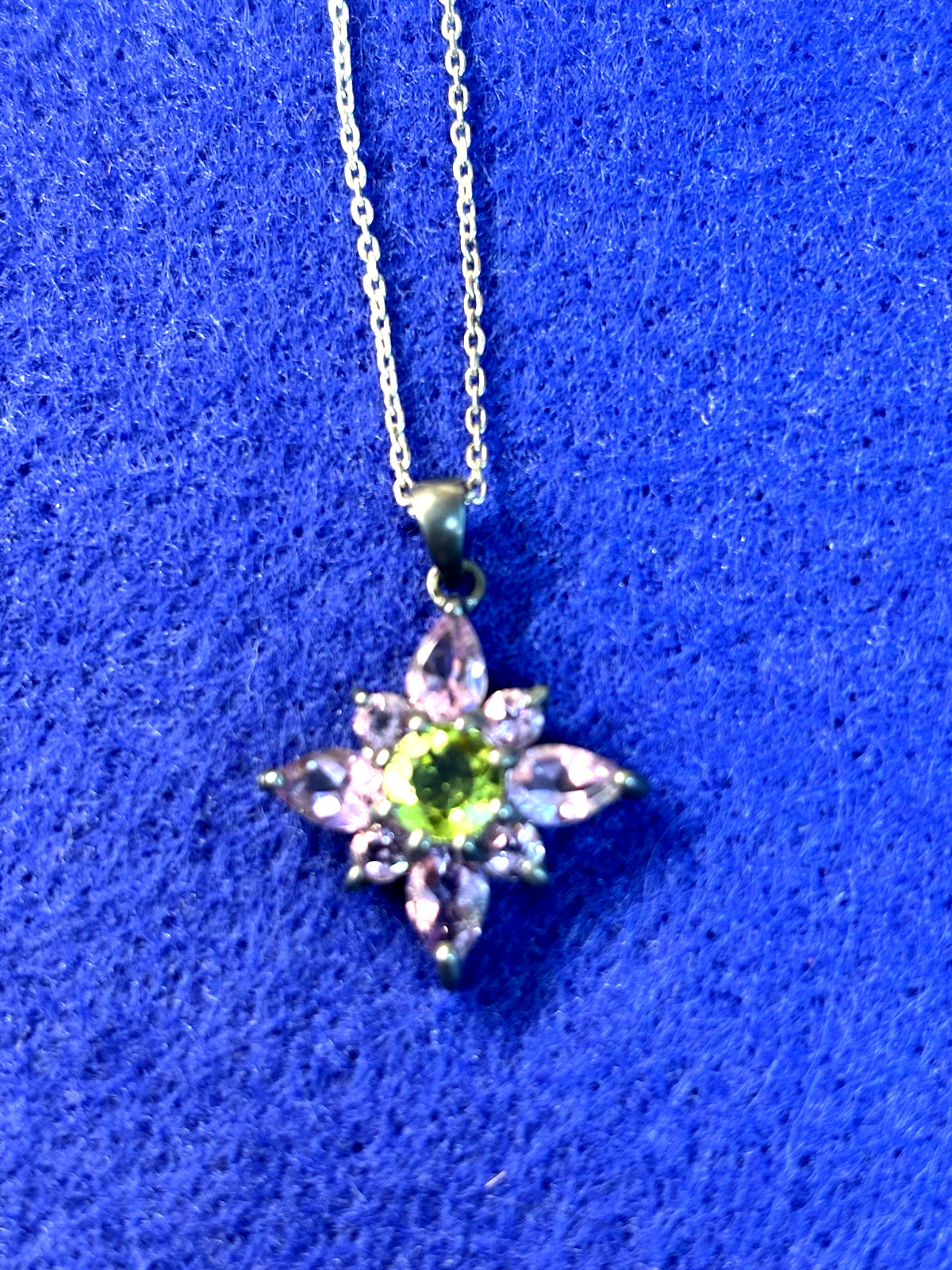 Vintage Sterling Amethyest & Peridot Flower Shape Neck;ace & Pierced Earrings