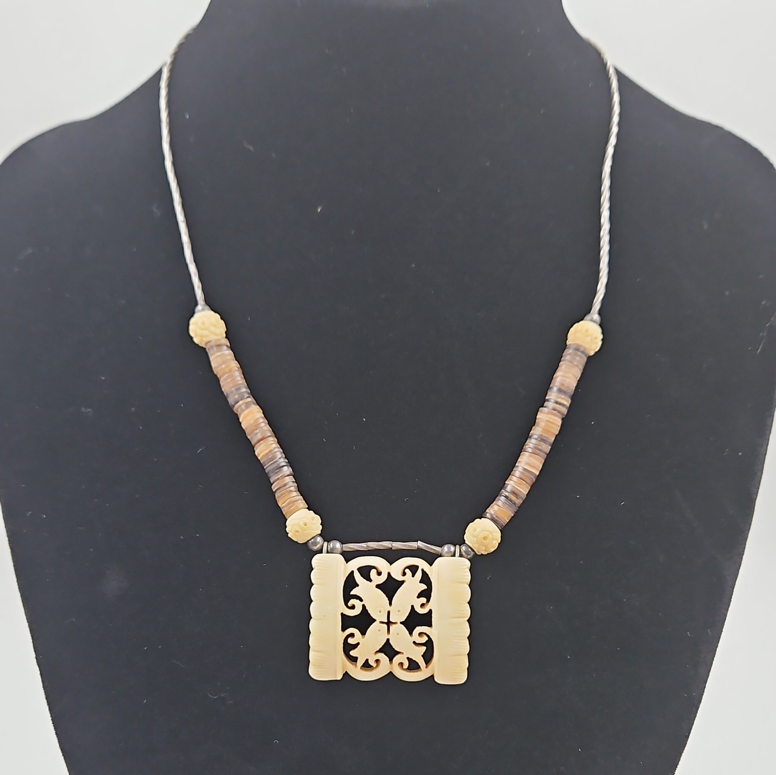 925 Sterling Silver Carved Bovine Bone Pendant Natural Material Necklace