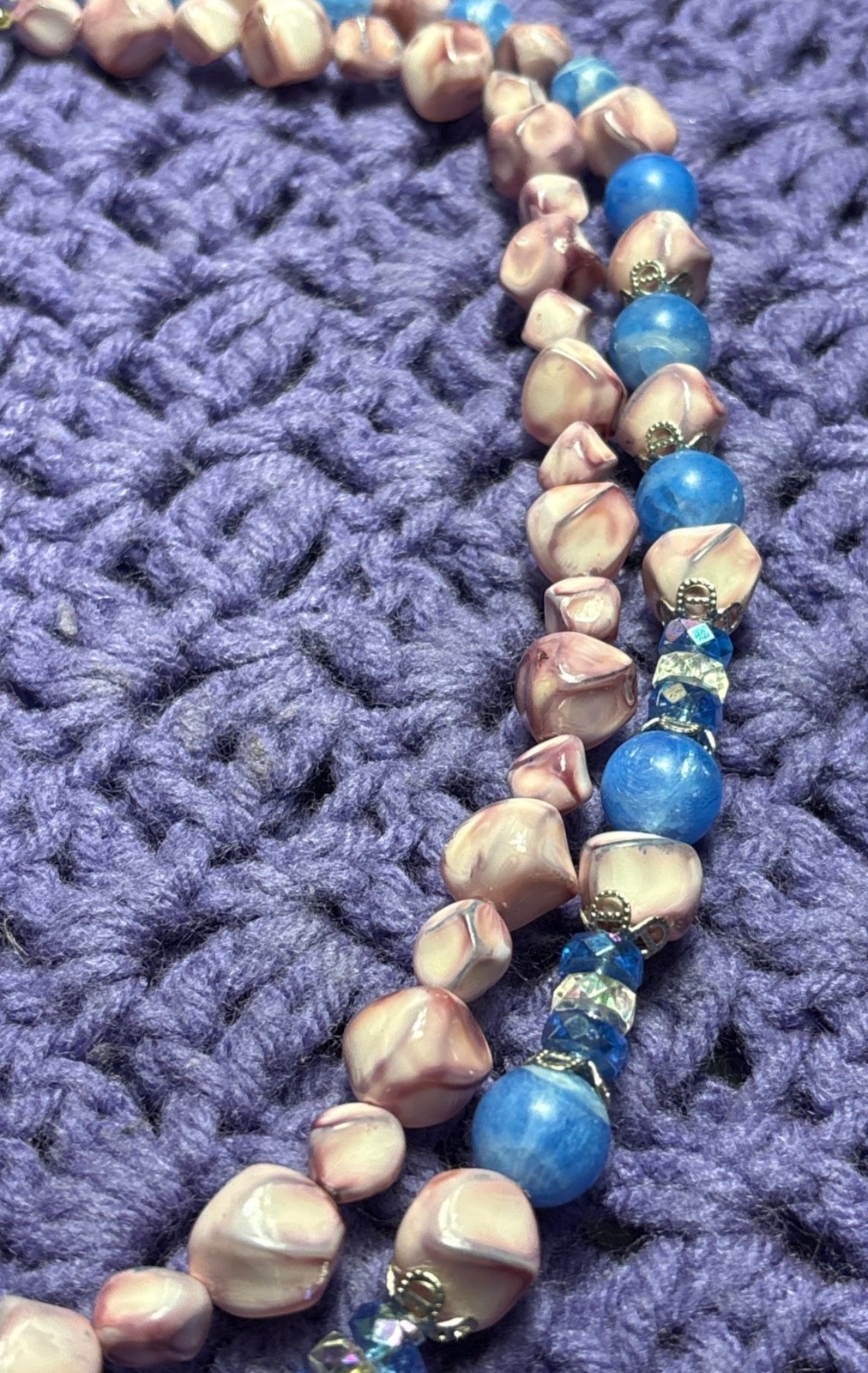 Vtg 2 Strand Plastic Beaded Necklace Pink Blue AB Silvertone Hooks 21 in. 24 in.