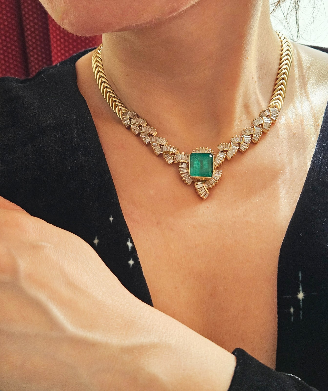 GIA 12.60ct Colombian Emerald 6.0ctw Diamond 14K Gold Collar Choker Necklace