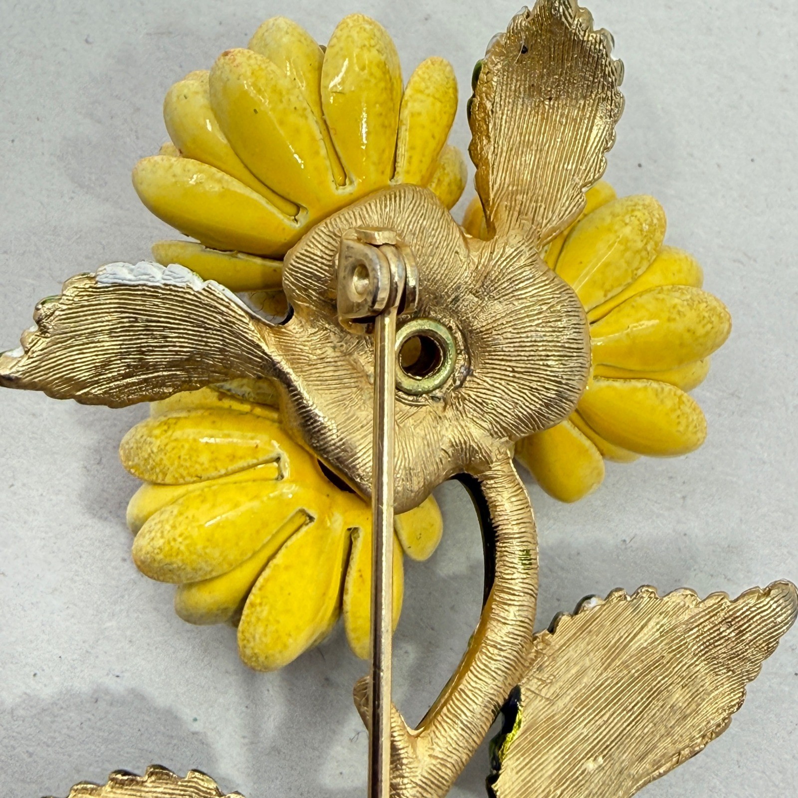 Vintage Enamel Flower Brooch Yellow Pink Green Floral Mid Century Botanical 3″