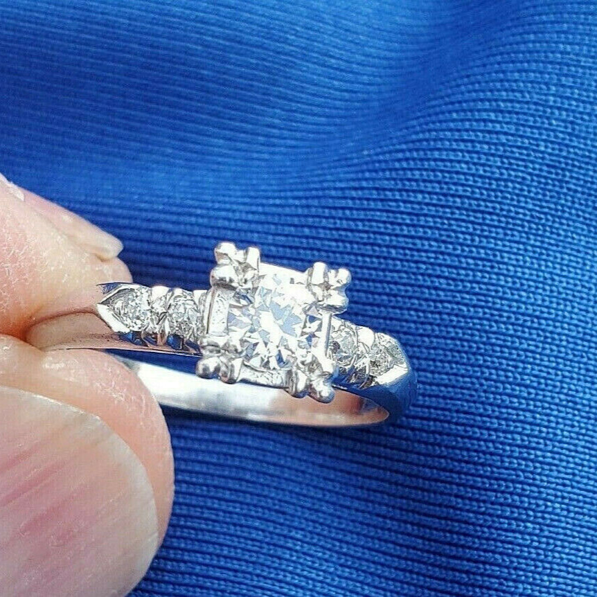 Original EARTH MINED DIAMOND Deco Engagement Ring Vintage PLATINUM Solitaire 6.5