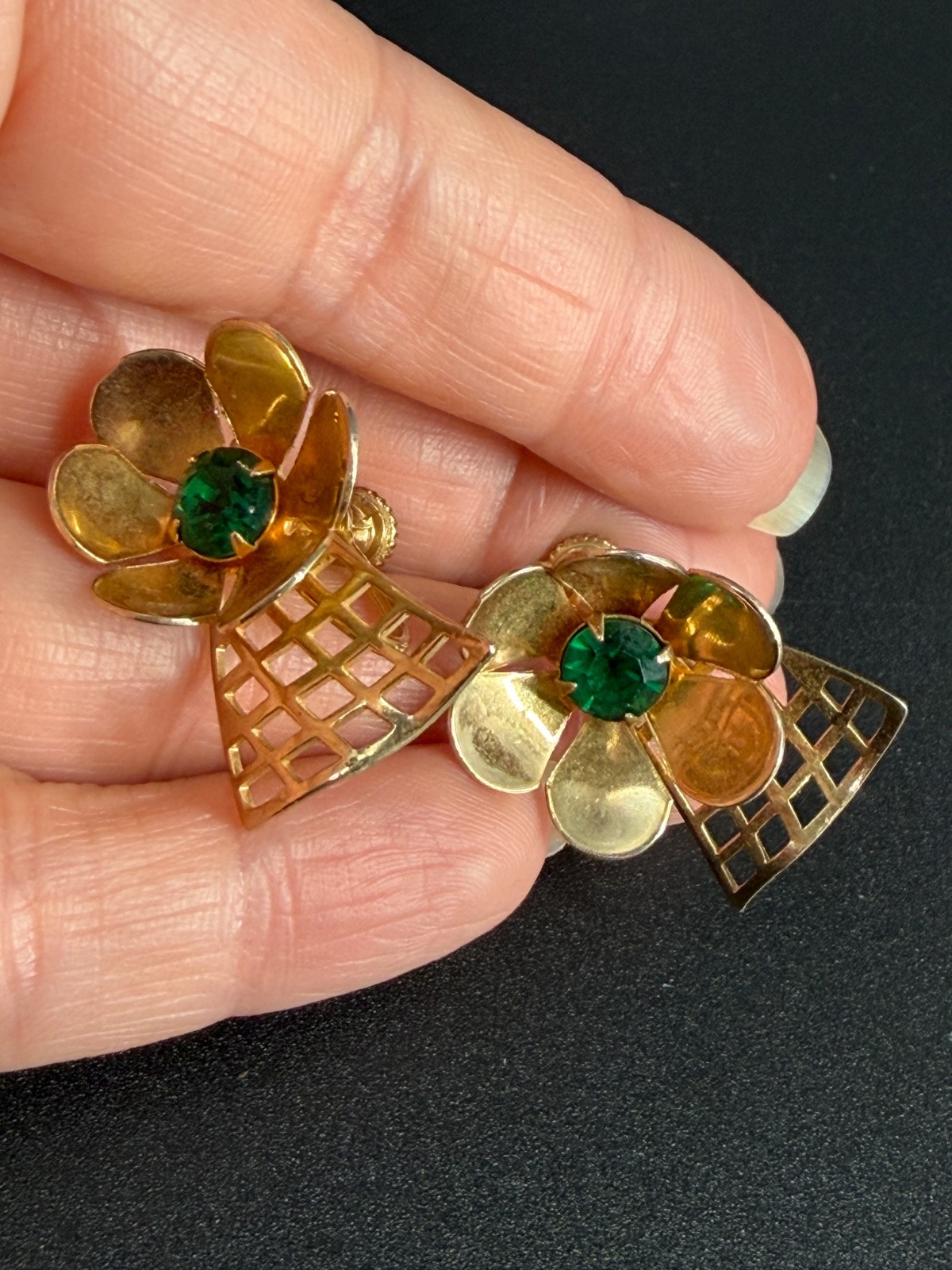 Vintage Flower Rhinestone Screw Back Earrings Lot 50s 60s